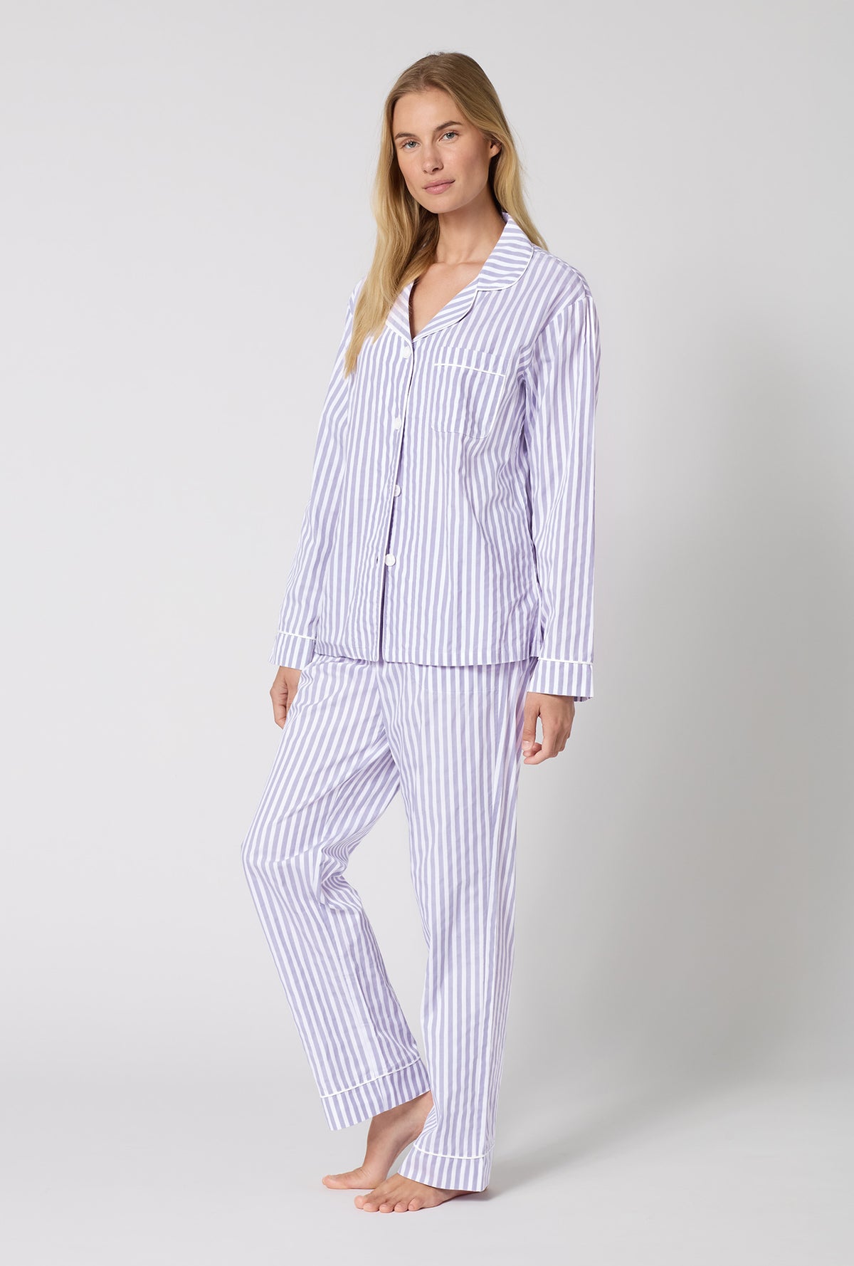 Blue 3D Stripe Long Sleeve Classic Woven Cotton Sateen PJ Set