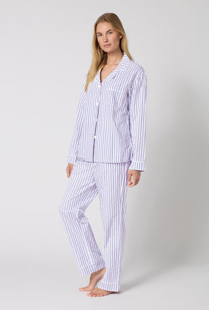 Blue 3D Stripe Long Sleeve Classic Woven Cotton Sateen PJ Set