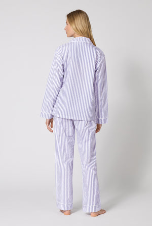 Blue 3D Stripe Long Sleeve Classic Woven Cotton Sateen PJ Set