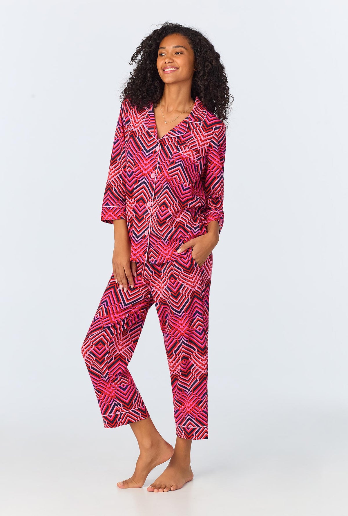 BedHead x Trina Turk Geo Trellis 3/4 Sleeve Classic Stretch Jersey Cropped PJ Set