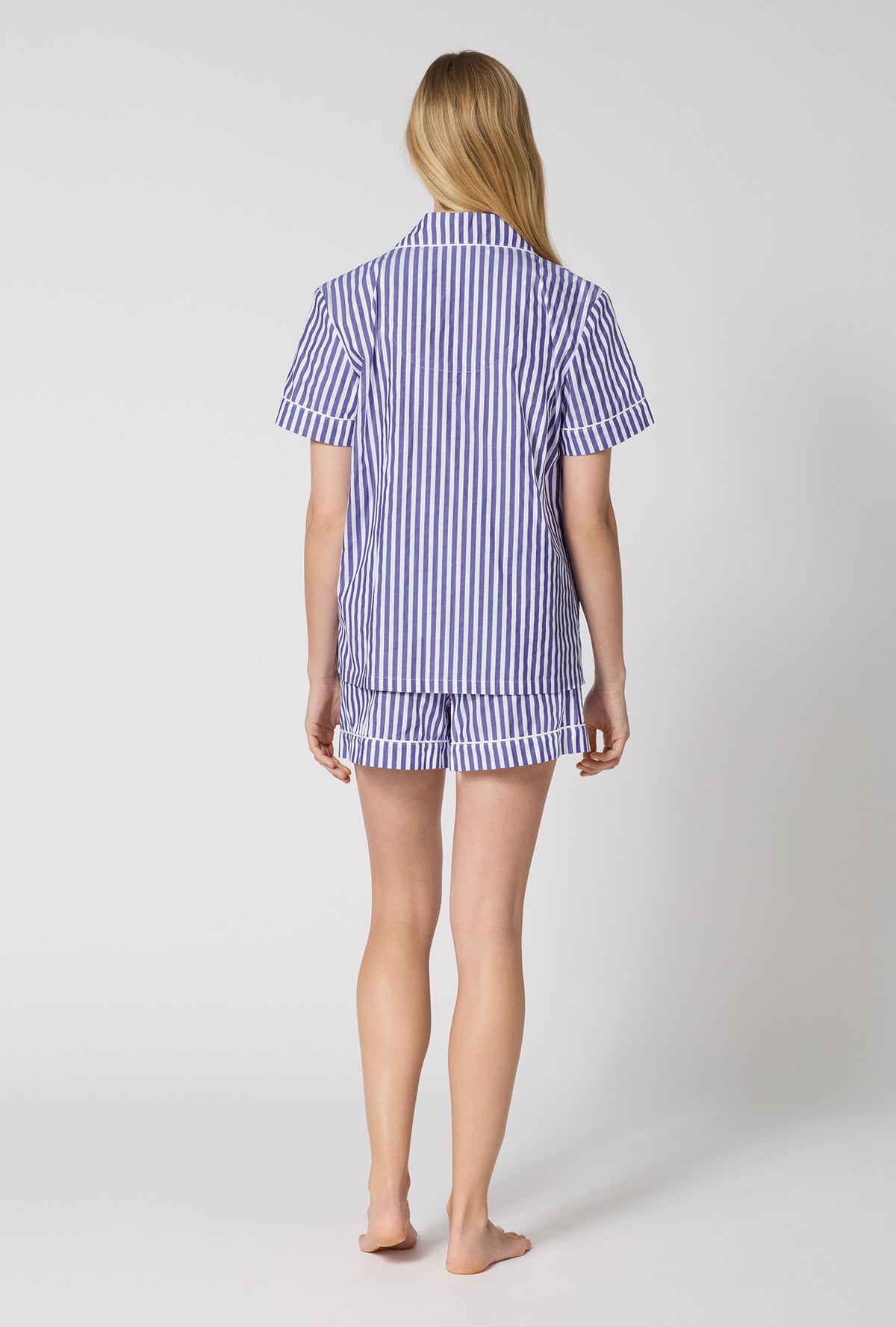 Navy 3D Stripe Short Sleeve Classic Woven Cotton Sateen Shorty PJ Set