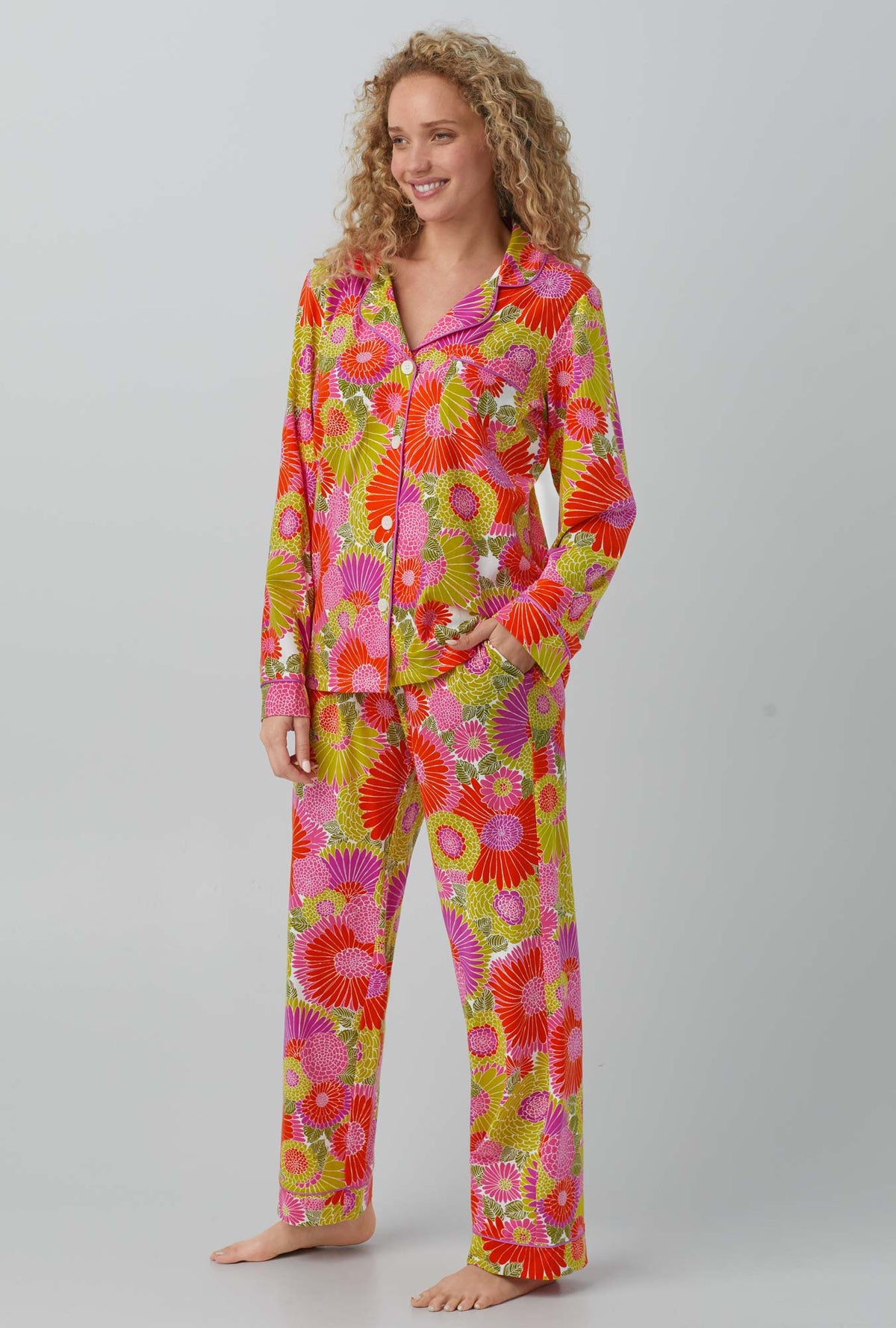 A lady wearing Warm Sand Botanical Long Sleeve Classic Stretch Jersey PJ Set