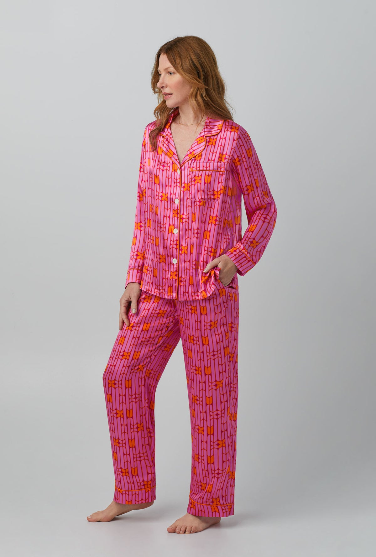 A lady wearing Wallpaper Geo Long Sleeve Classic Washable Silk PJ Set