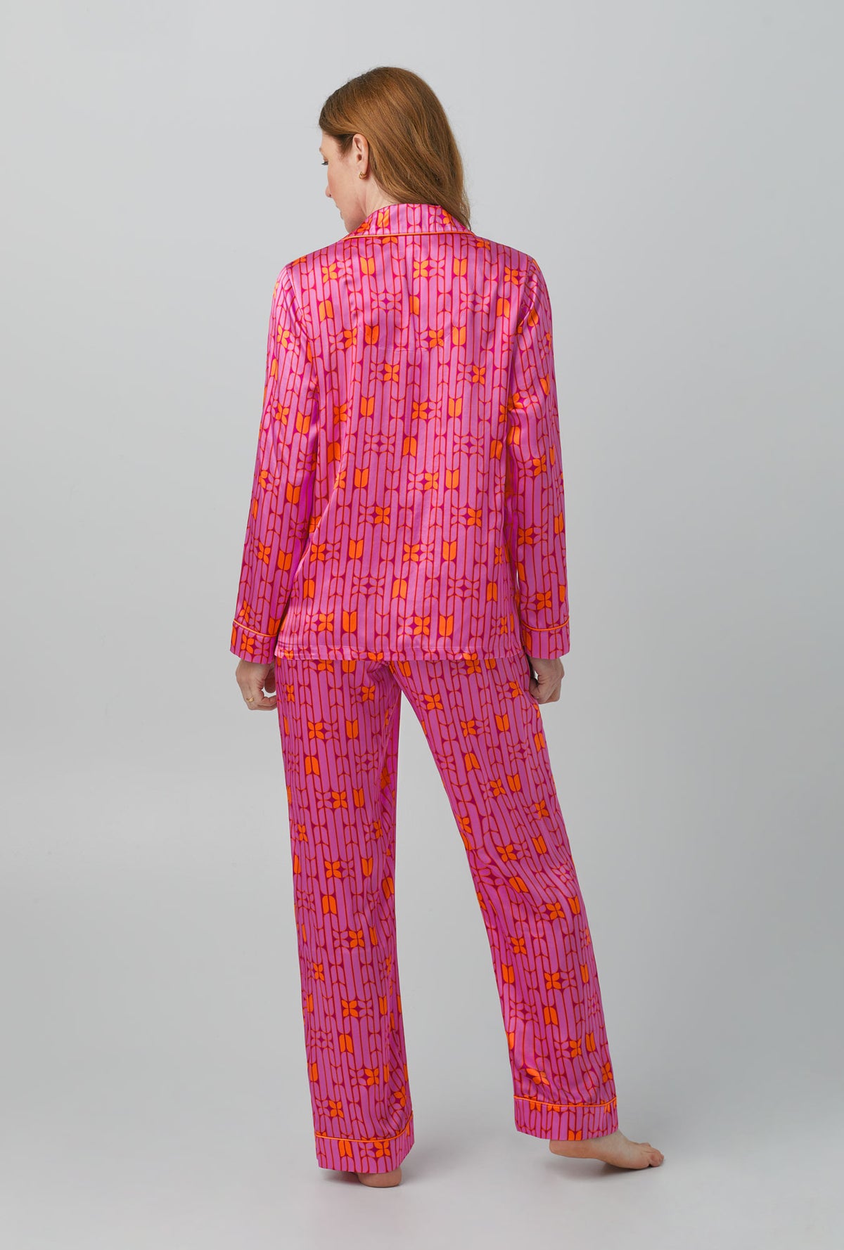 A lady wearing Wallpaper Geo Long Sleeve Classic Washable Silk PJ Set