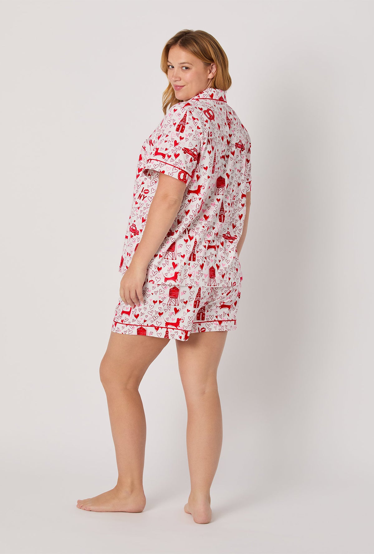 A lady wearing Heart Of The City Short Sleeve Classic Shorty Stretch Jersey Pj Set