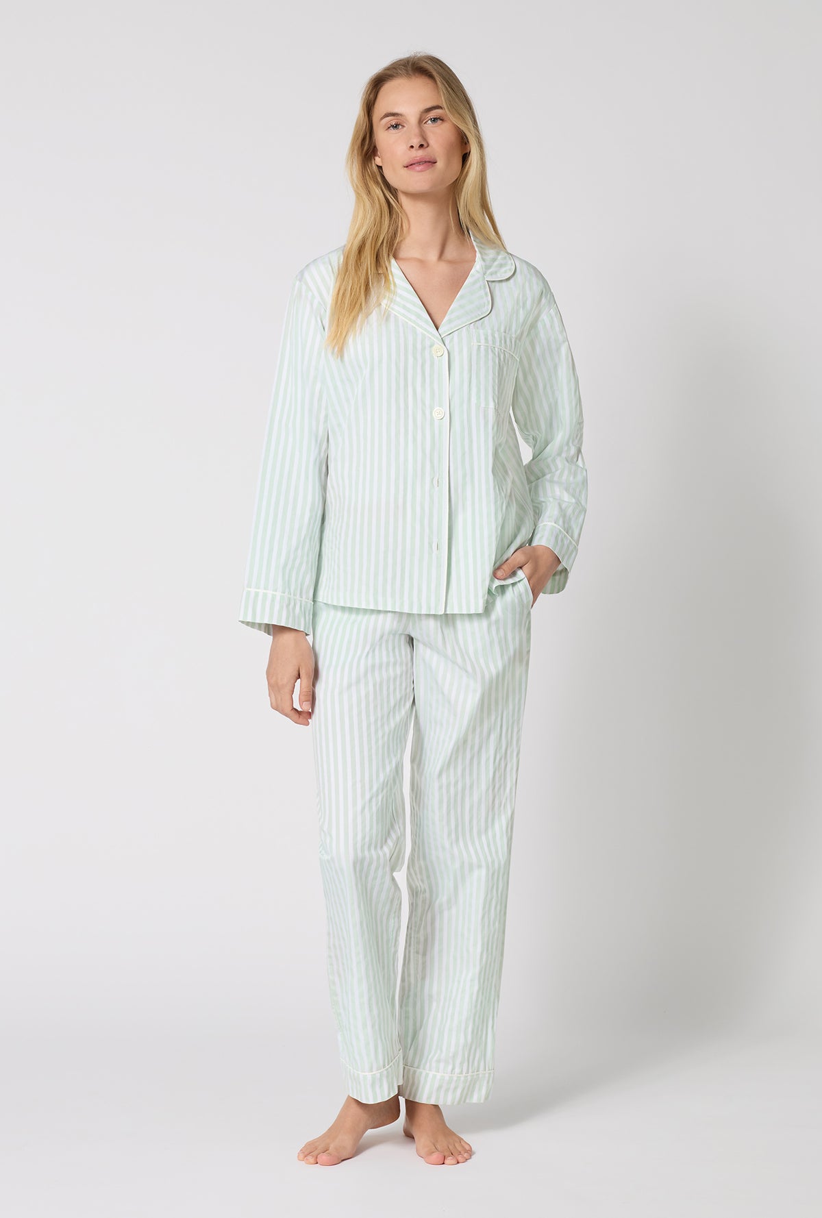 Mint 3D Stripe Long Sleeve Classic Woven Cotton Sateen PJ Set