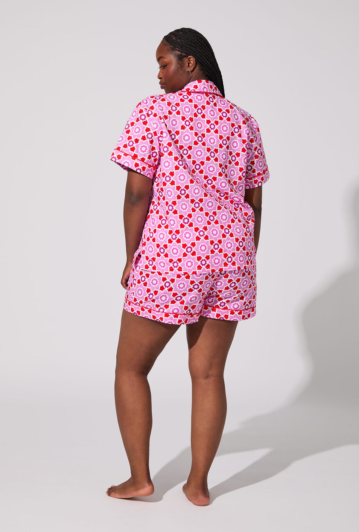A lady wearing Mosaic Tile Short Sleeve Classic Shorty Woven Cotton Poplin PJ Set