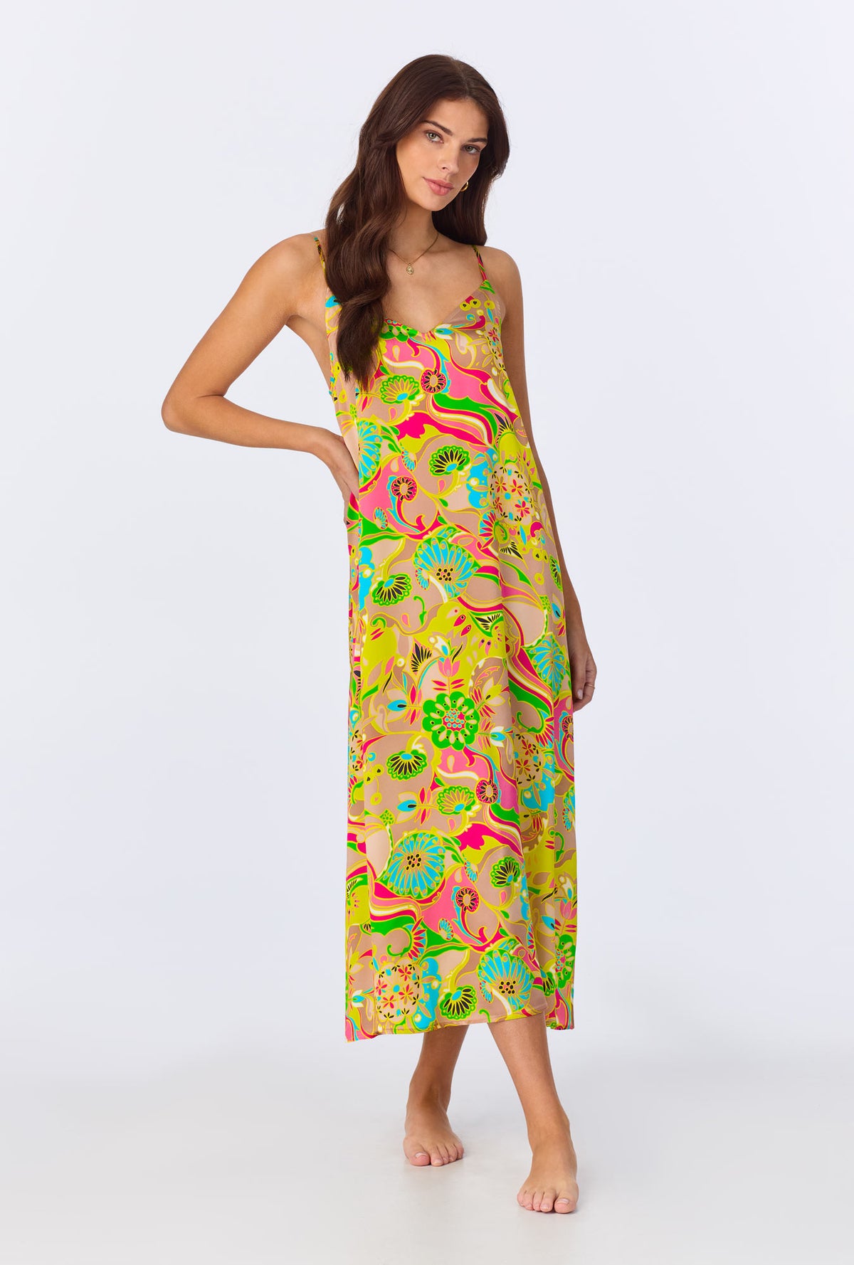 A lady wearing BedHead x Trina Turk Heritage Woven Washable Silk Satin Chemise