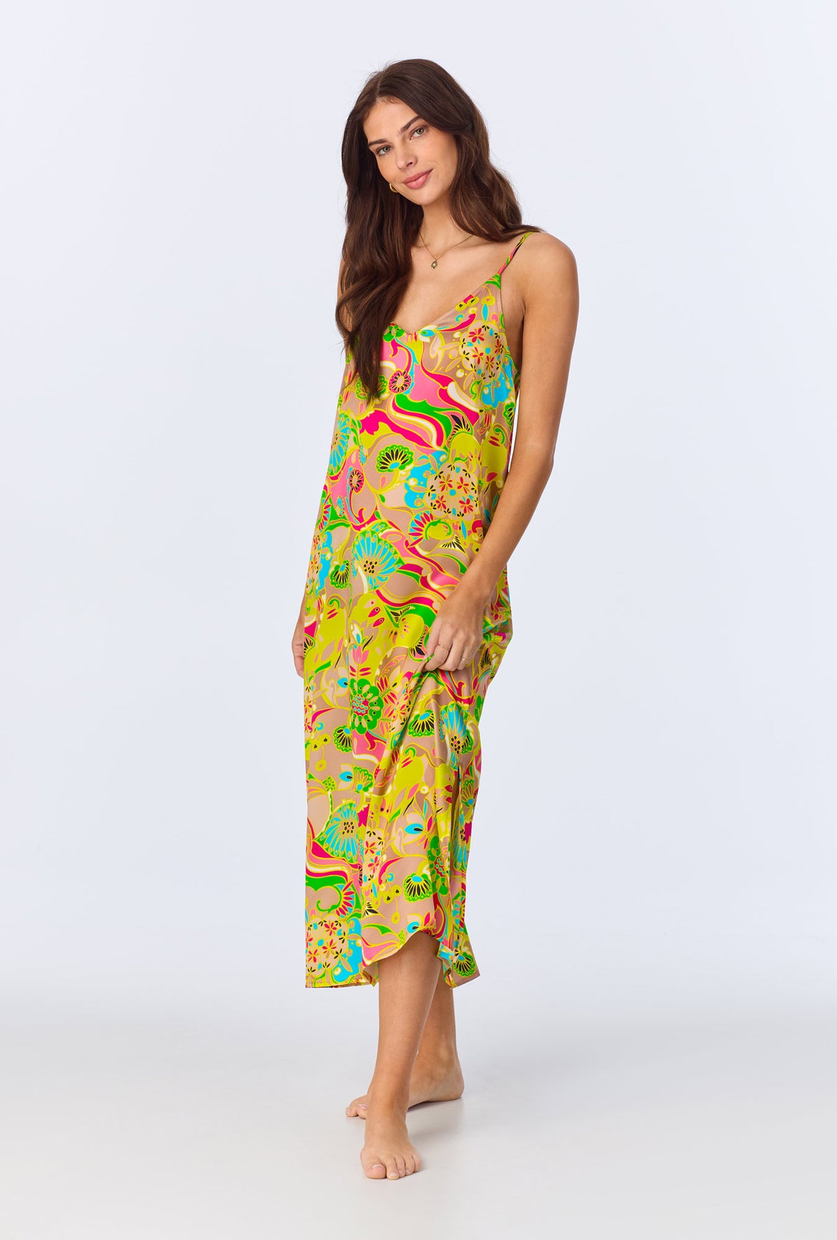 A lady wearing BedHead x Trina Turk Heritage Woven Washable Silk Satin Chemise