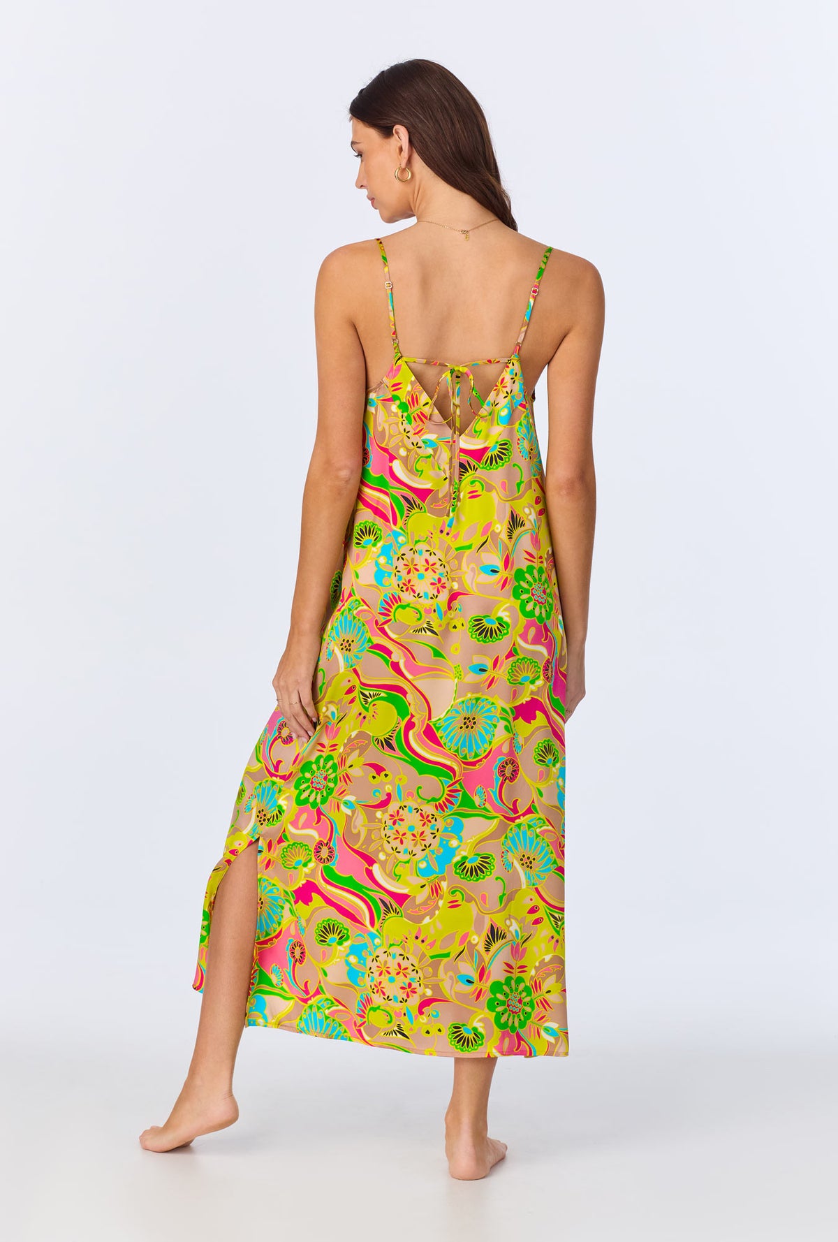 A lady wearing BedHead x Trina Turk Heritage Woven Washable Silk Satin Chemise