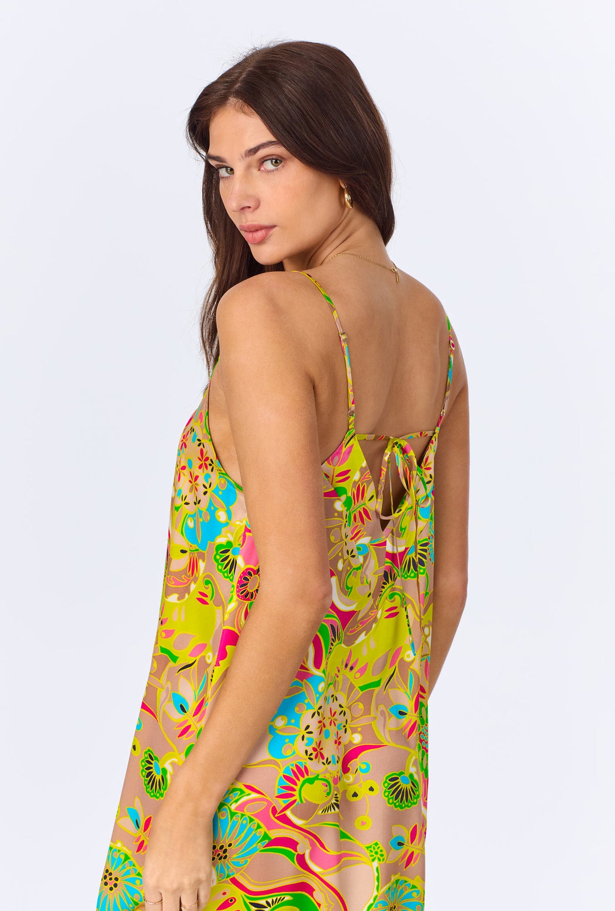 A lady wearing BedHead x Trina Turk Heritage Woven Washable Silk Satin Chemise