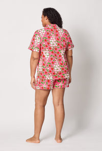 A lady wearing plus size Spring Berry Short Sleeve Classic Shorty Stretch Jersey Pj Set
