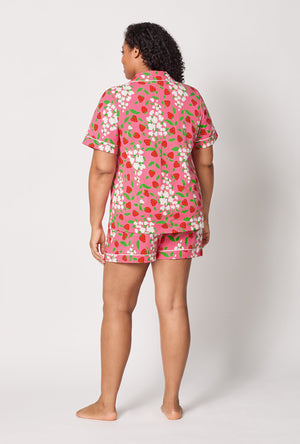 A lady wearing plus size Spring Berry Short Sleeve Classic Shorty Stretch Jersey Pj Set