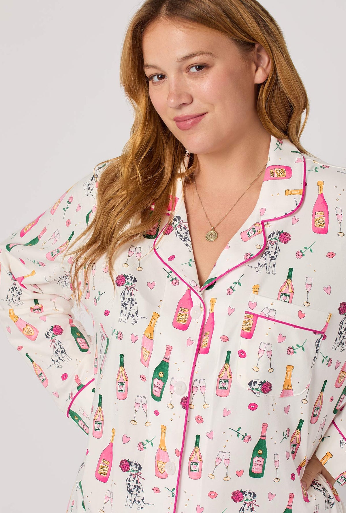 A lady wearing Be Mine Long Sleeve Classic Stretch Jersey Pj Set