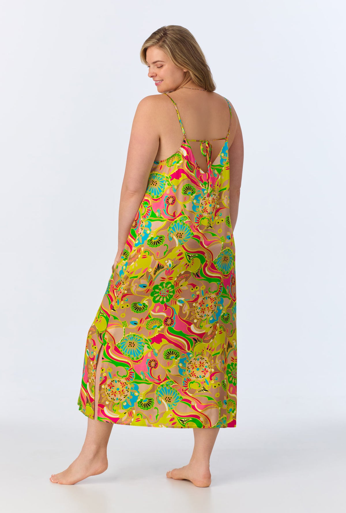 A lady wearing BedHead x Trina Turk Heritage Woven Washable Silk Satin Chemise