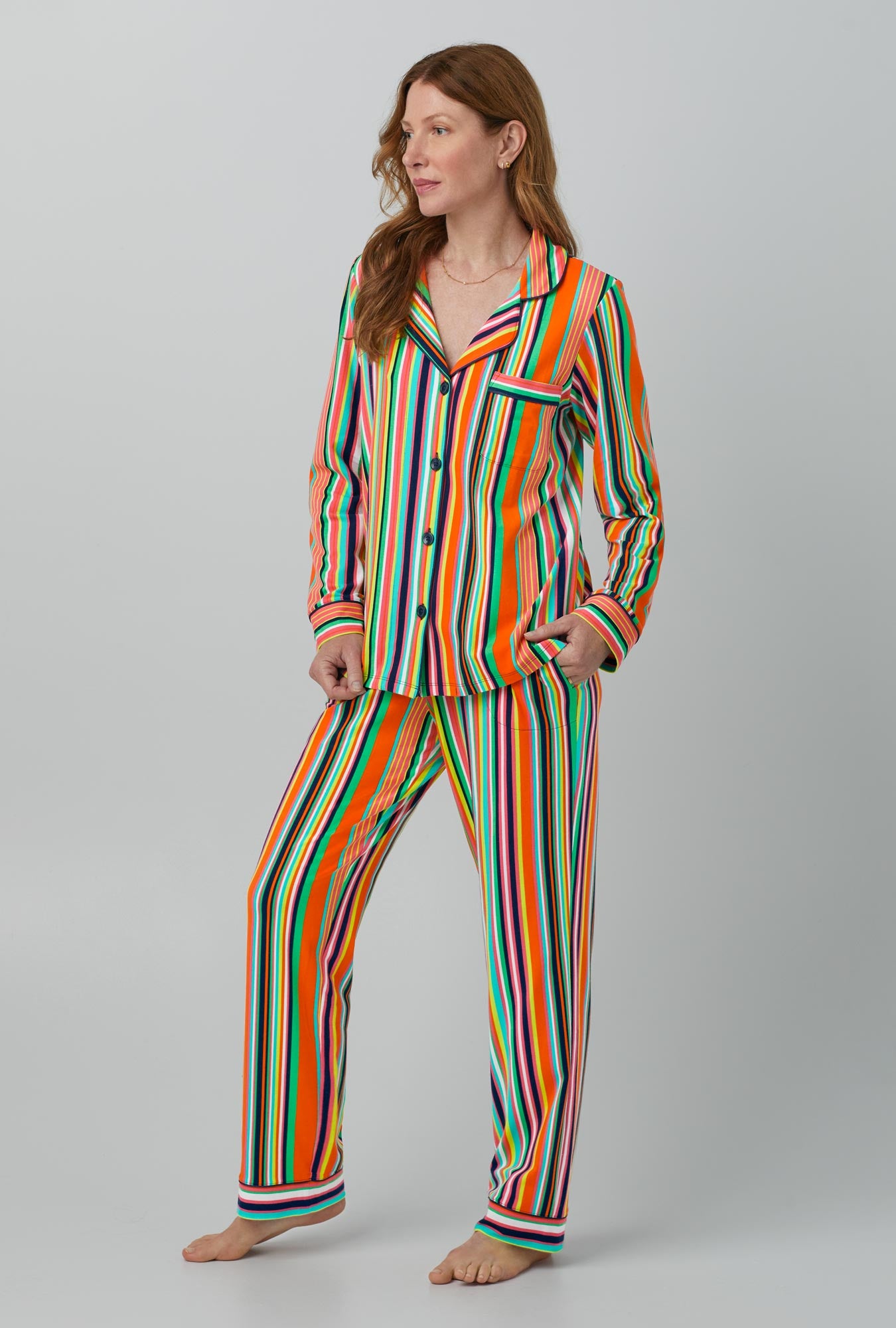 A lady wearing Stripe Long Sleeve Classic Stretch Jersey PJ Set