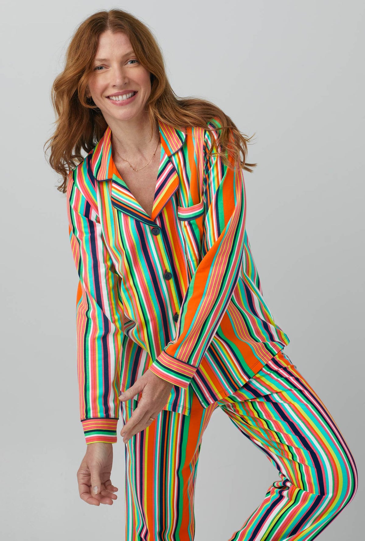 A lady wearing Stripe Long Sleeve Classic Stretch Jersey PJ Set