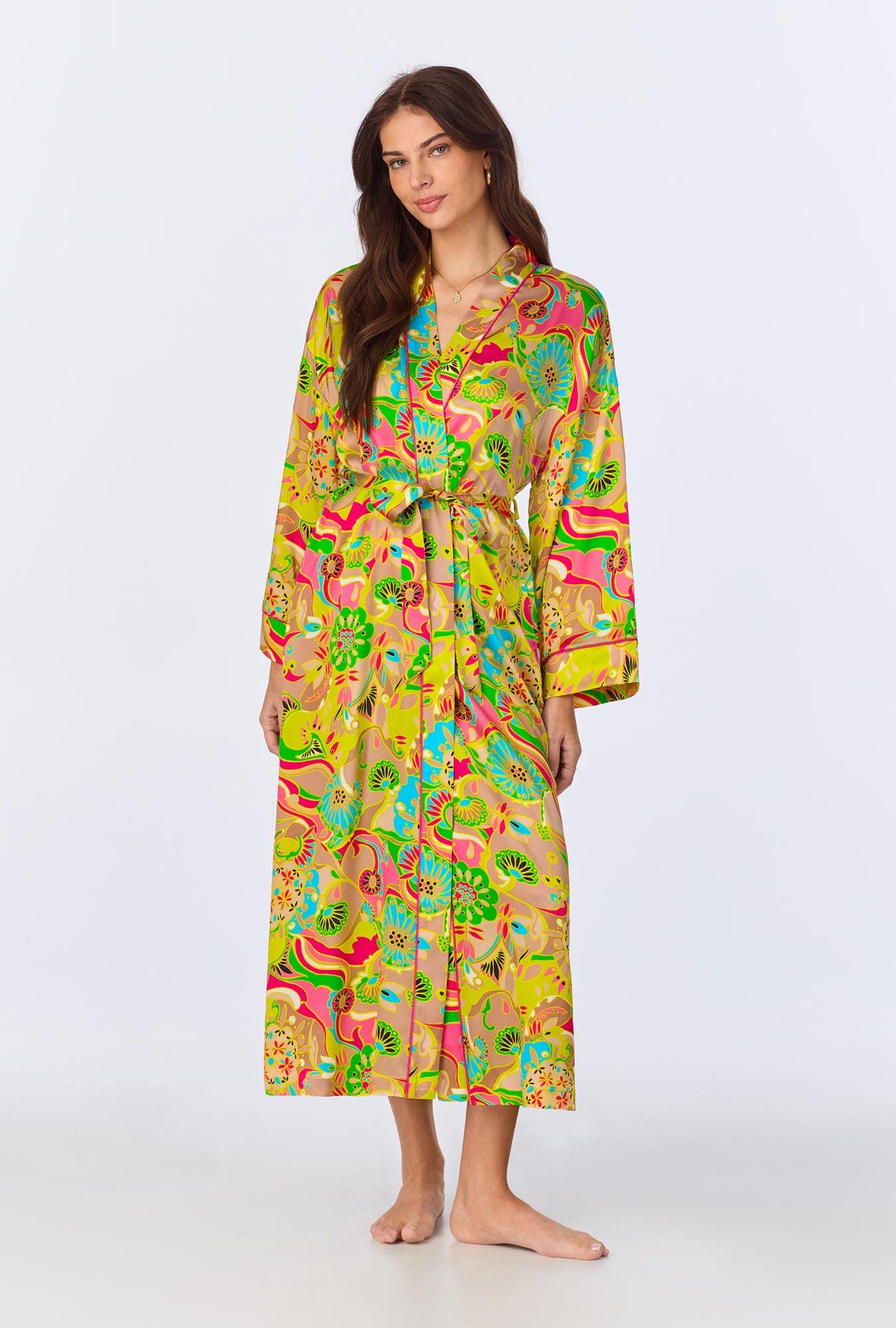 A lady wearing BedHead x Trina Turk Heritage Woven Washable Silk Satin Robe