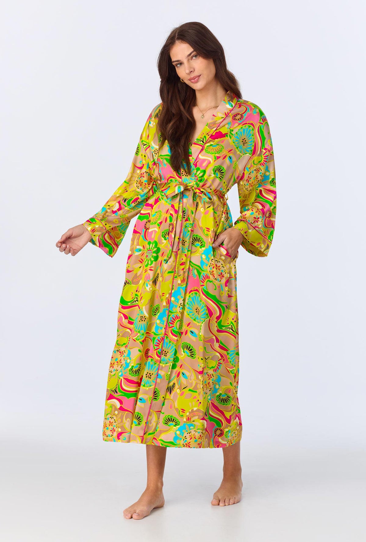 A lady wearing BedHead x Trina Turk Heritage Woven Washable Silk Satin Robe