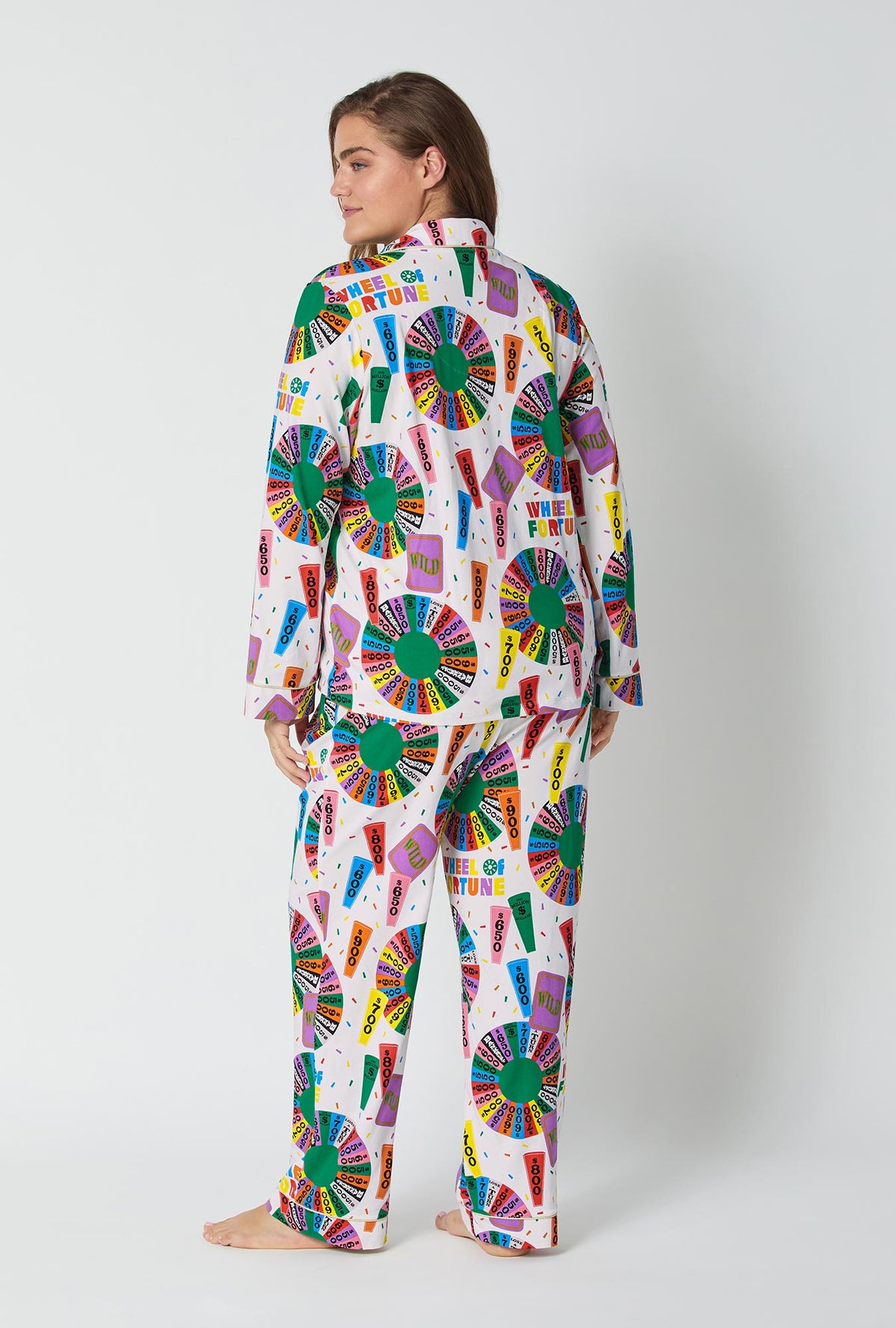 A lady wearing Wheel Of Fortune Long Sleeve Classic Stretch Jersey Pj Set