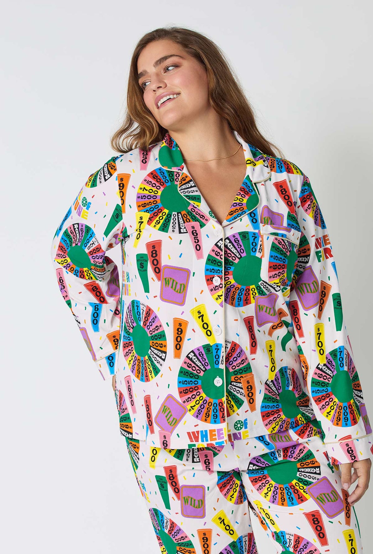 A lady wearing Wheel Of Fortune Long Sleeve Classic Stretch Jersey Pj Set