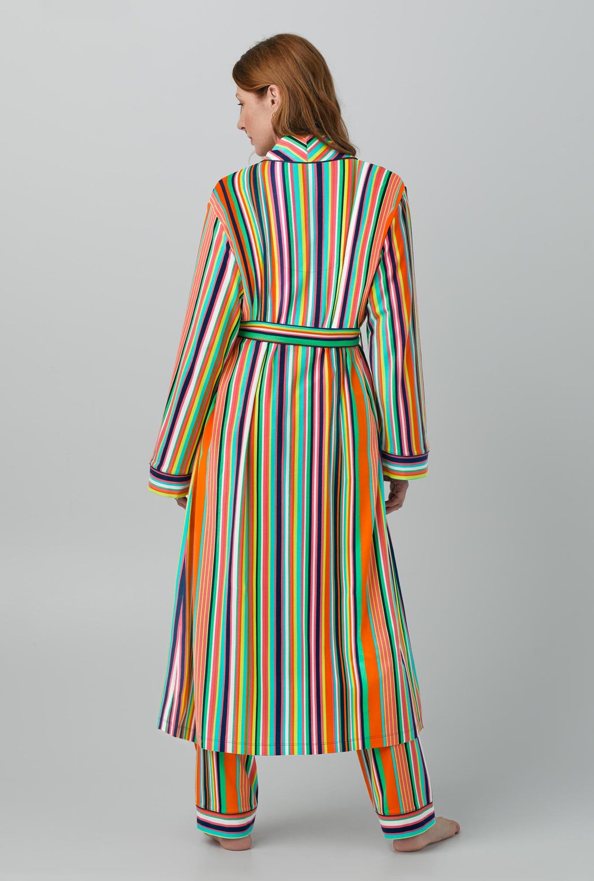 A lady wearing Stripe Unisex Stretch Jersey Robe De Chambre