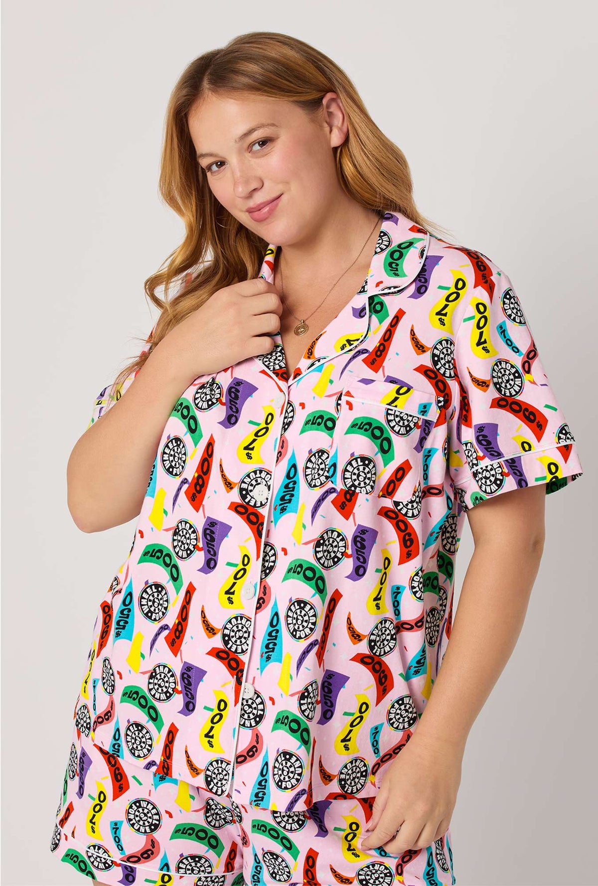 A lady wearing Spin To Win Short Sleeve Classic Shorty Stretch Jersey Pj Set