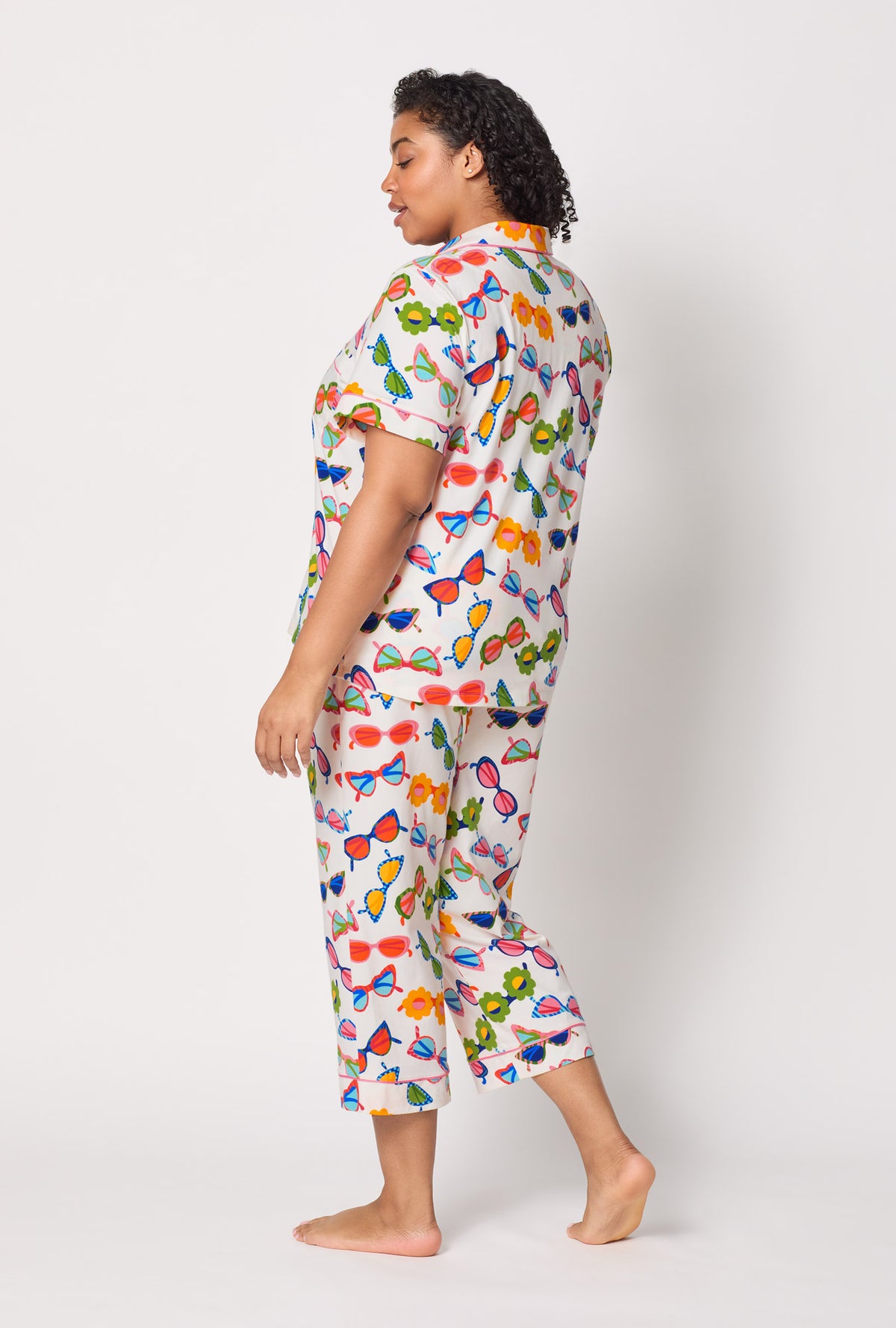 A lady wearing plus size Made In The Shade Short Sleeve Classic Stretch Jersey Cropped Pj Set