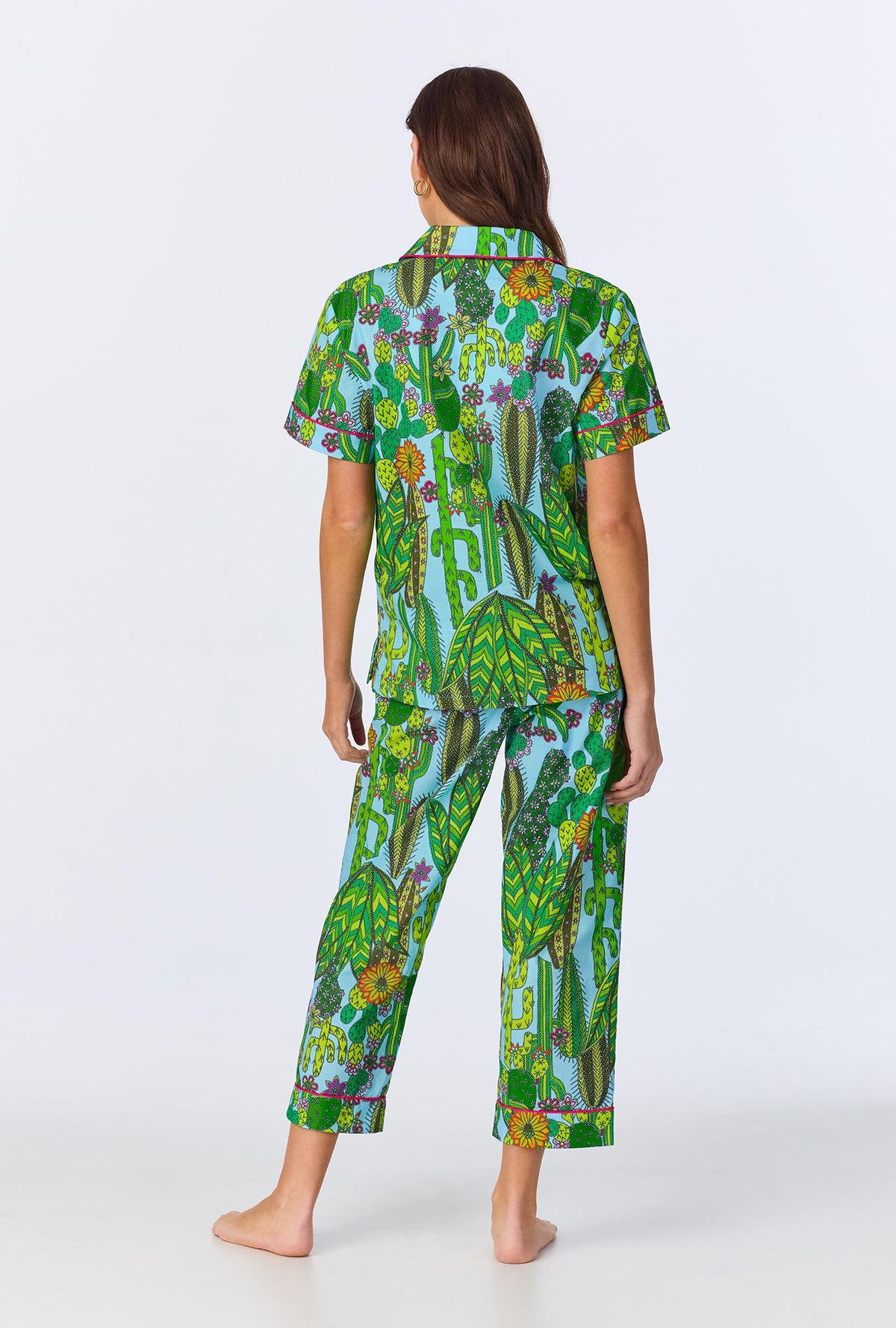 BedHead x Trina Turk Cactus Short Sleeve Classic Woven Cotton Poplin Cropped PJ Set