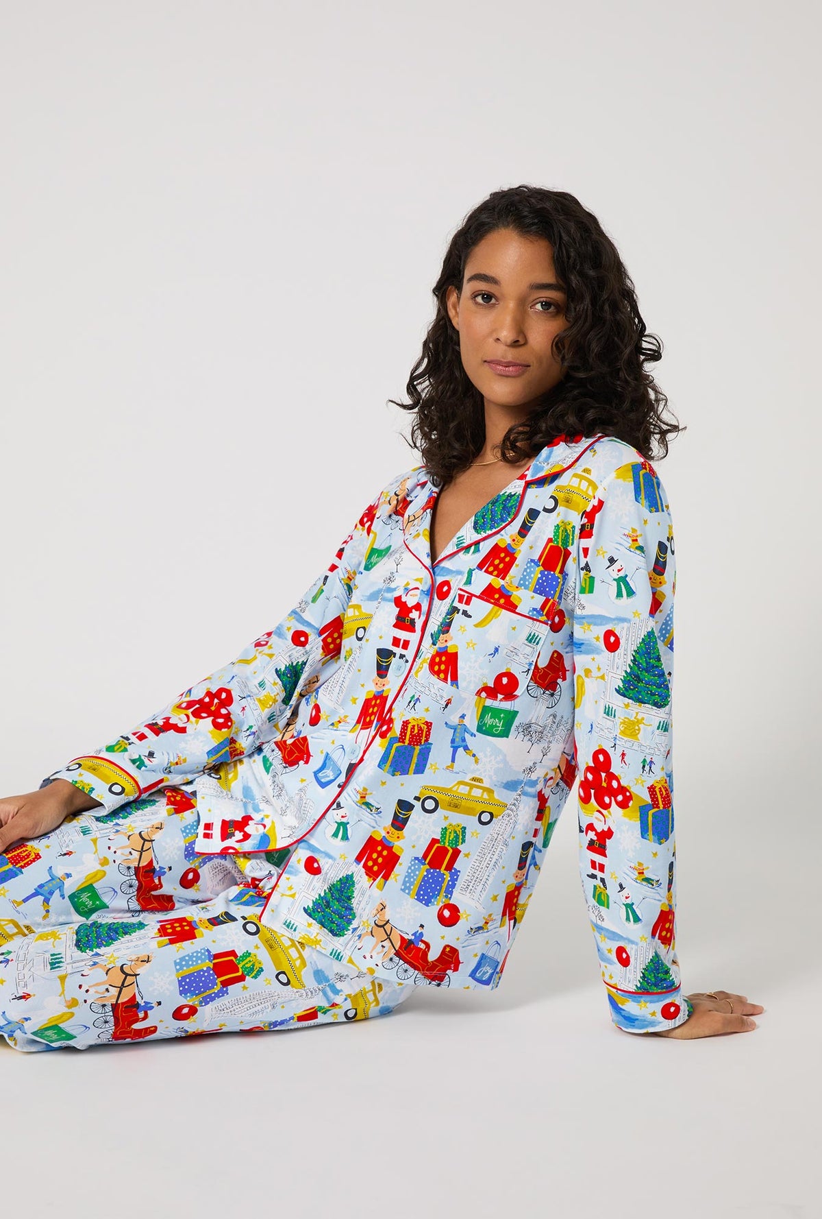 A lady wearing A City Christmas Long Sleeve Classic Stretch Jersey Pj Set