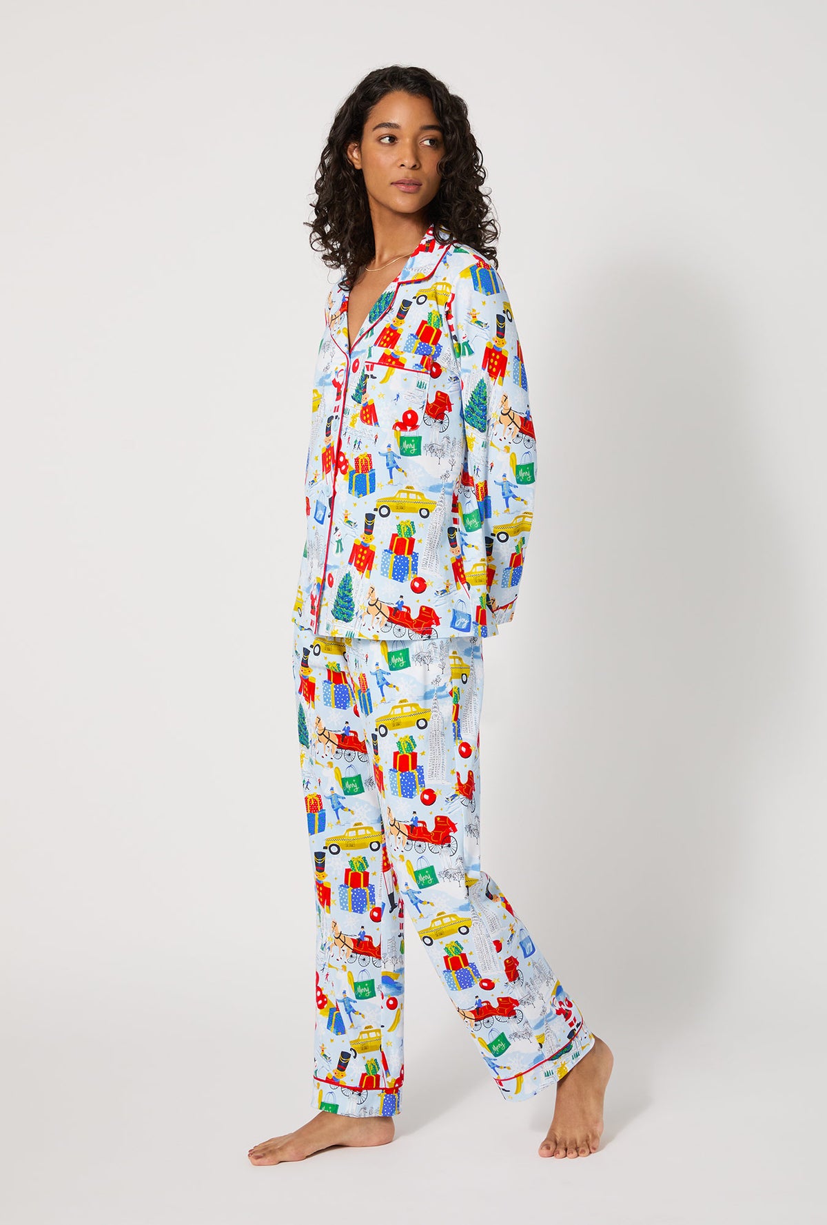 A lady wearing A City Christmas Long Sleeve Classic Stretch Jersey Pj Set