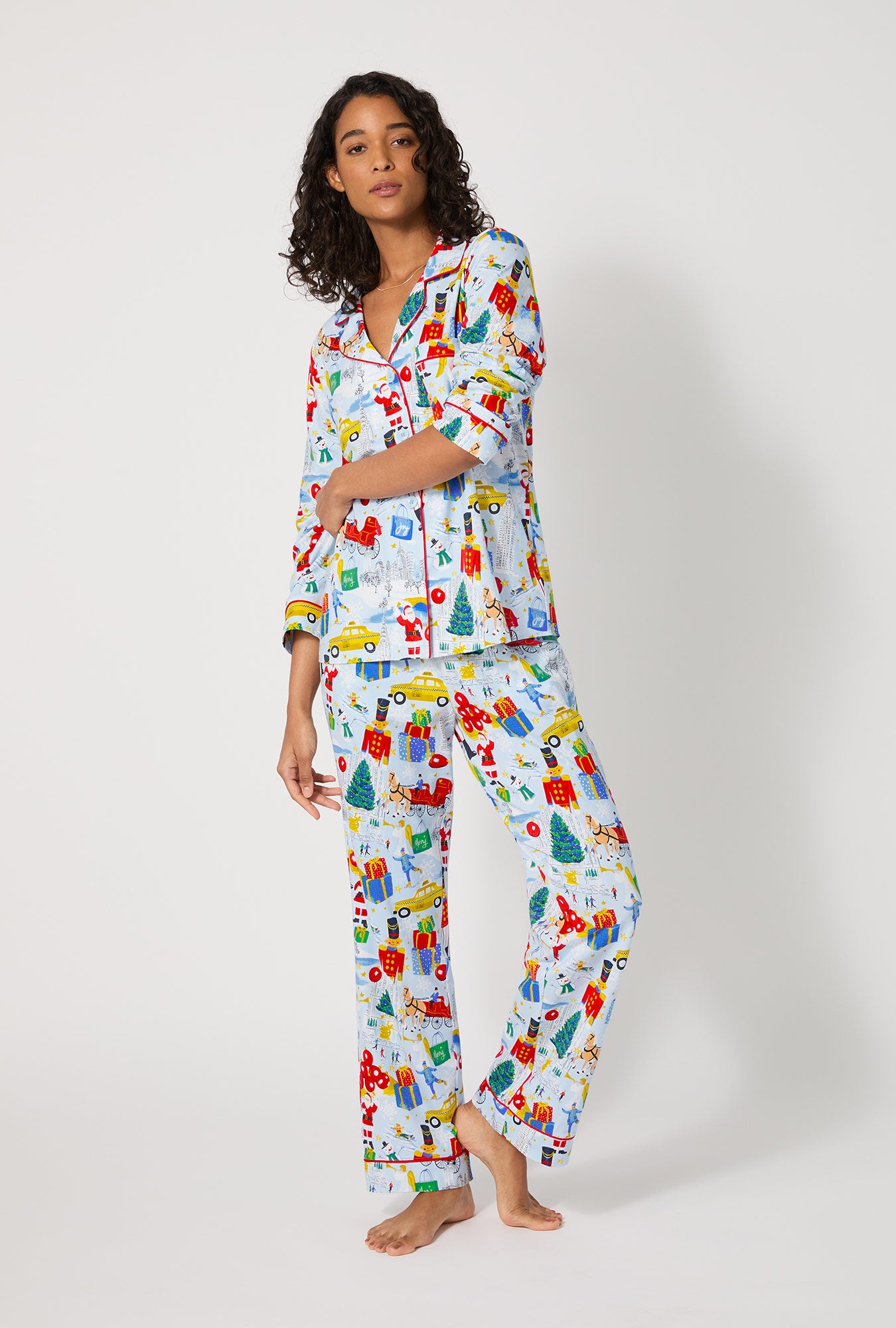 A lady wearing A City Christmas Long Sleeve Classic Stretch Jersey Pj Set