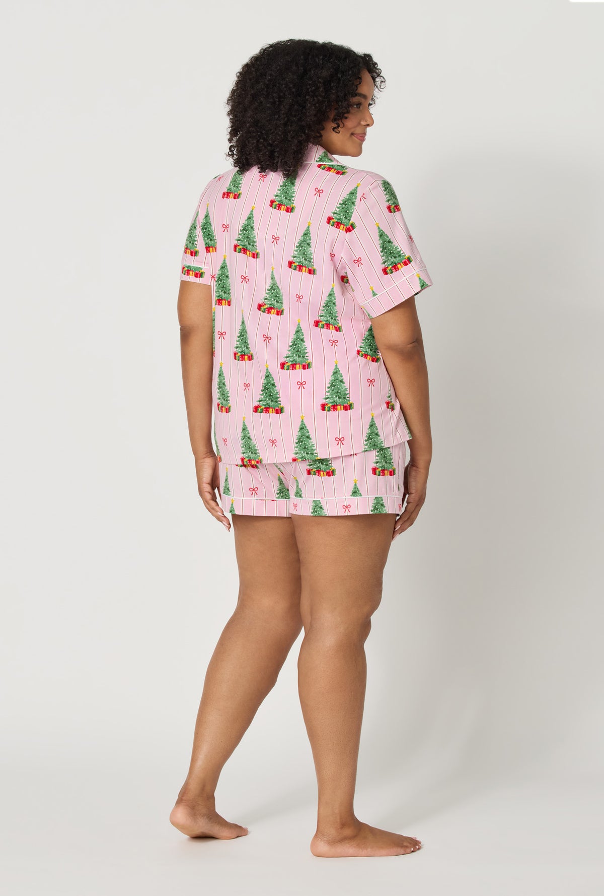A lady wearing plus size Pretty In Pine Short Sleeve Classic Shorty Stretch Jersey Pj Set back view