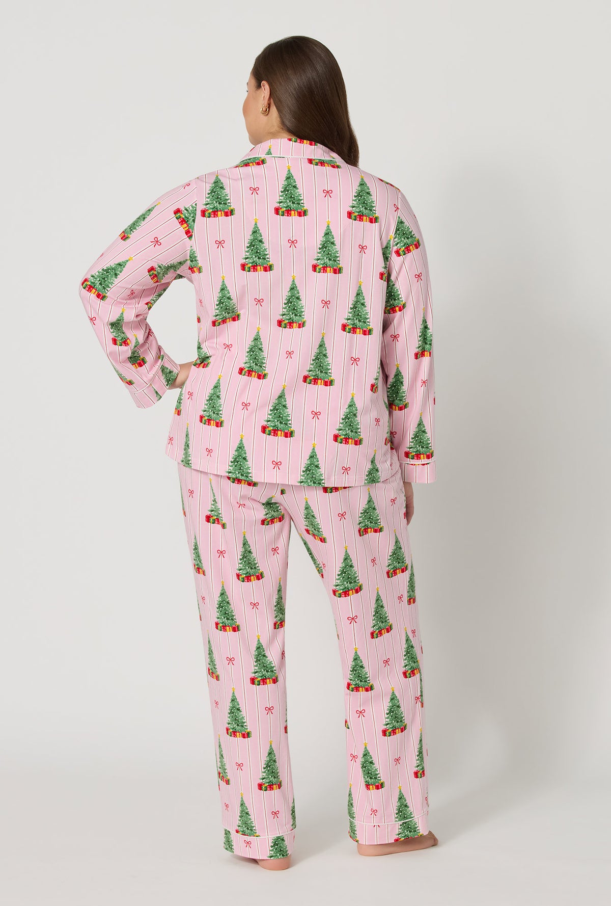 A lady wearing plus size Pretty In Pine Long Sleeve Classic Stretch Jersey Pj Set back view