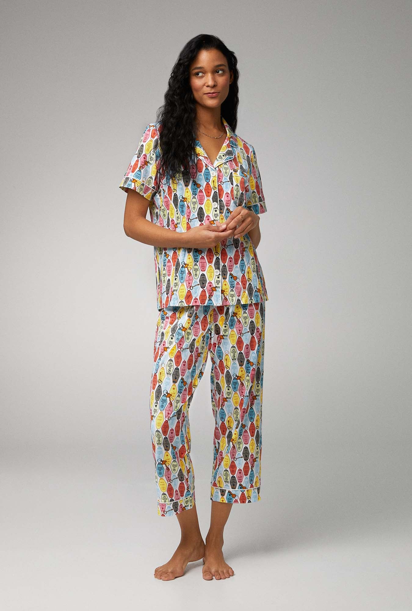 A lady wearing multicolor short sleeve classic stretch jersey cropped pj set with keys please print.