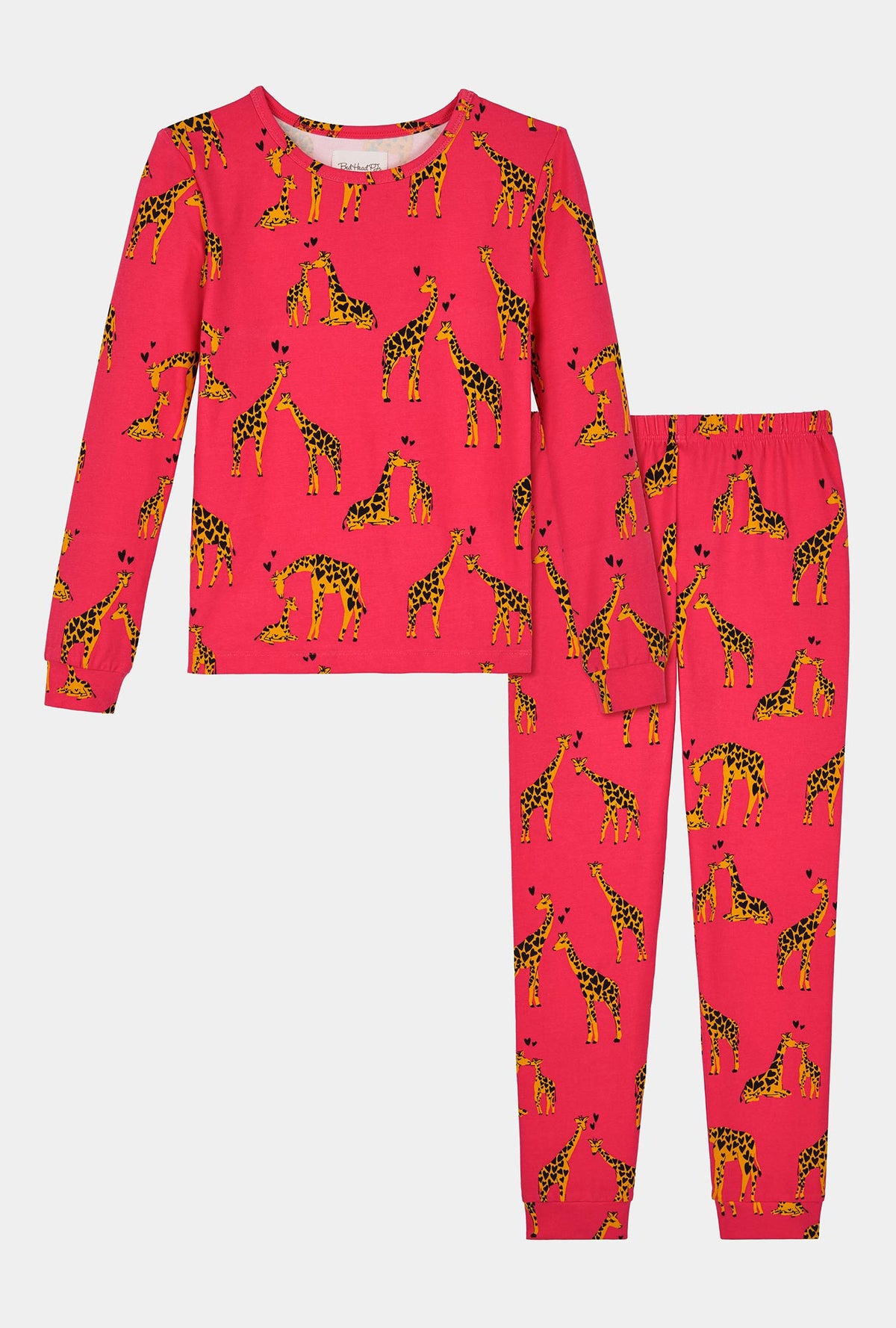 A girl wearing Giraffes In Love Long Sleeve Stretch Jersey Kids Pj Set