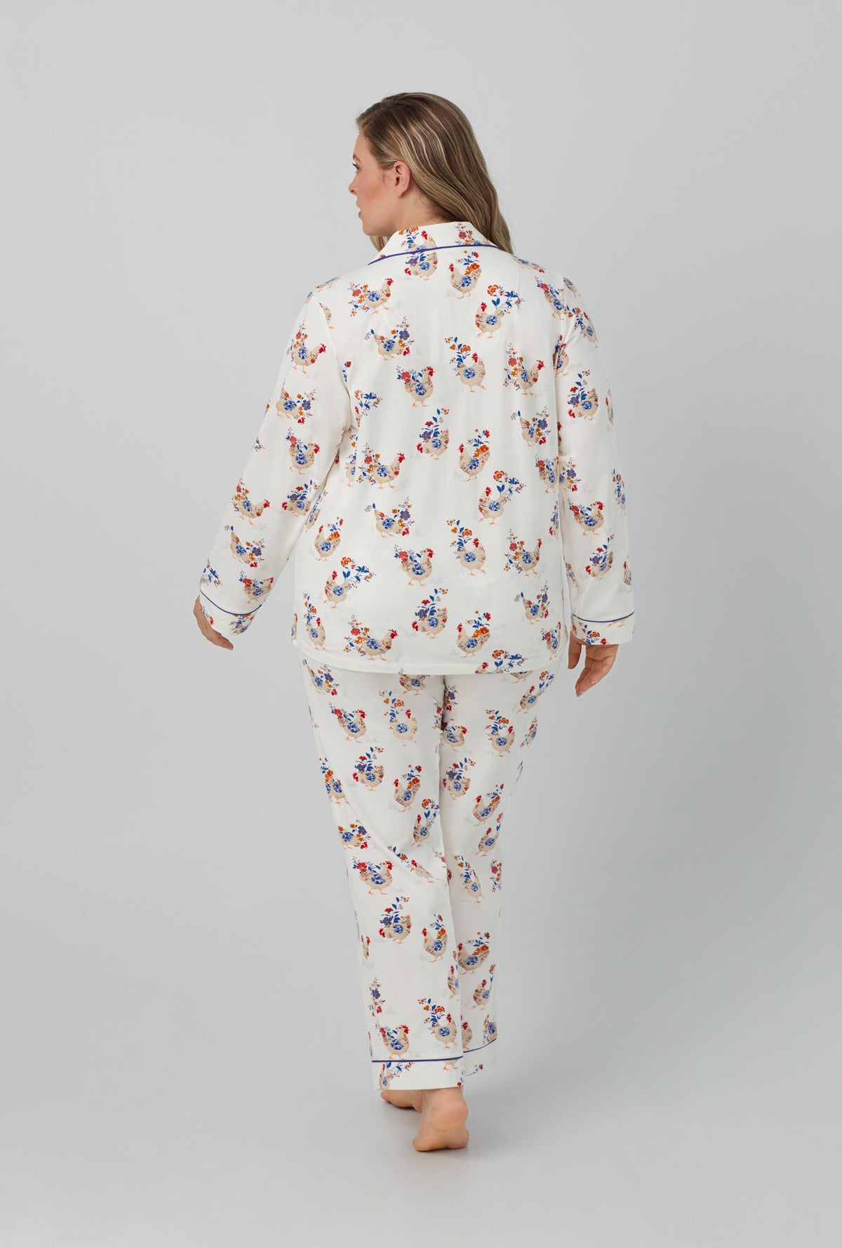 A lady wearing Long Sleeve Classic Stretch Jersey PJ Set with Hen House  print.
