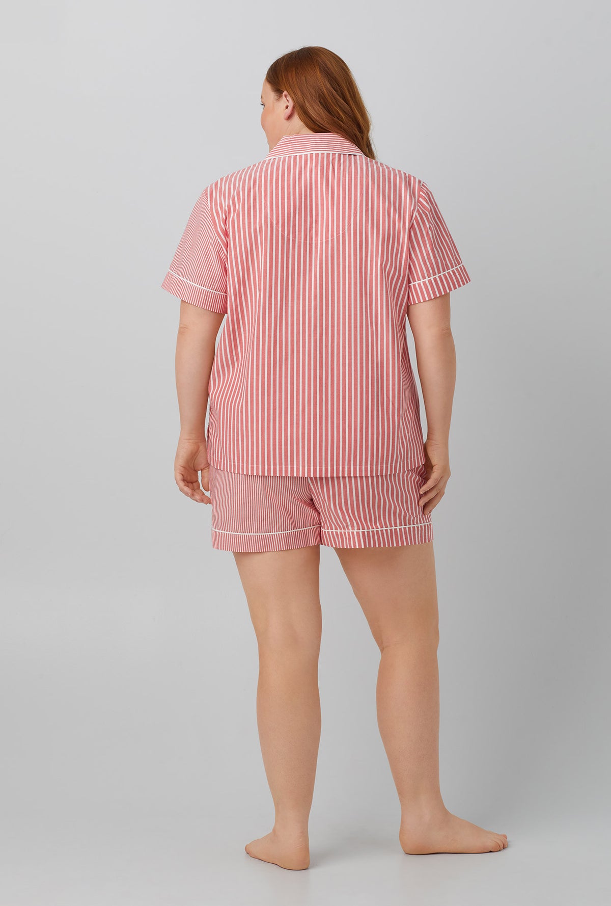 A lady wearing Crimson Stripe Short Sleeve Classic Shorty Woven Cotton Poplin PJ Set
