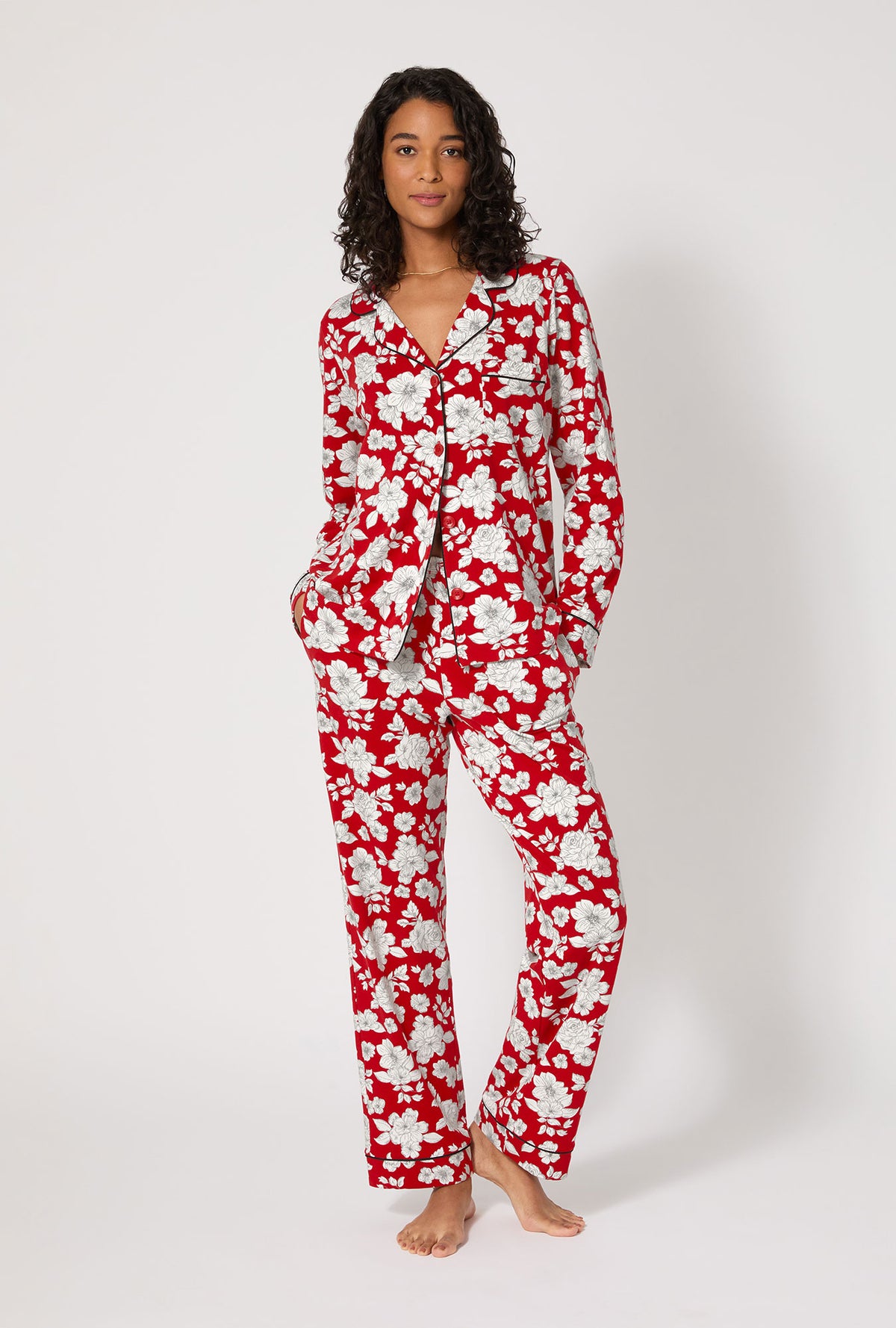 A lady wearing Floral Charm Long Sleeve Classic Stretch Jersey Pj Set