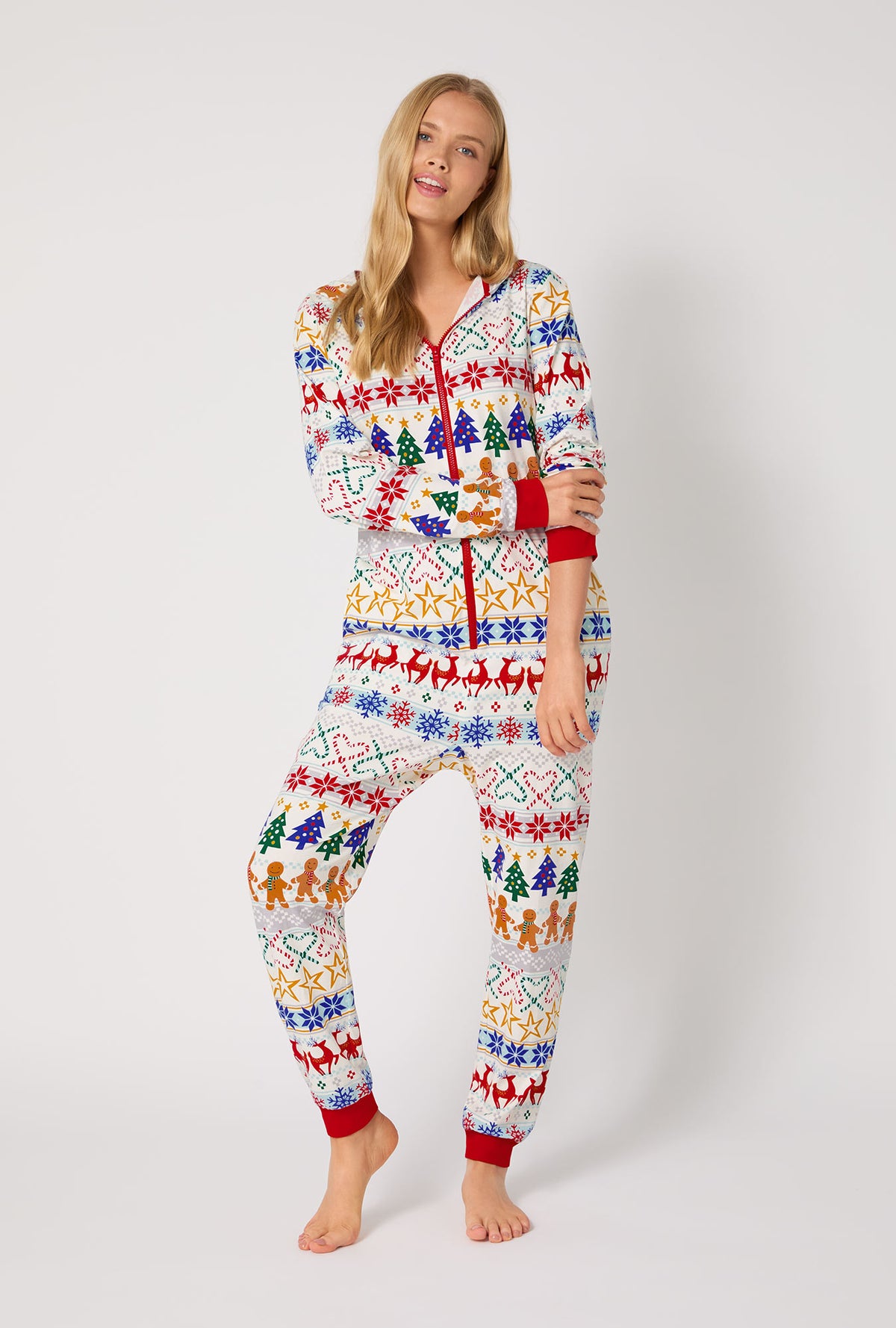 A lady wearing Deck The Halls Long Sleeve Stretch Jersey Unisex Onesie