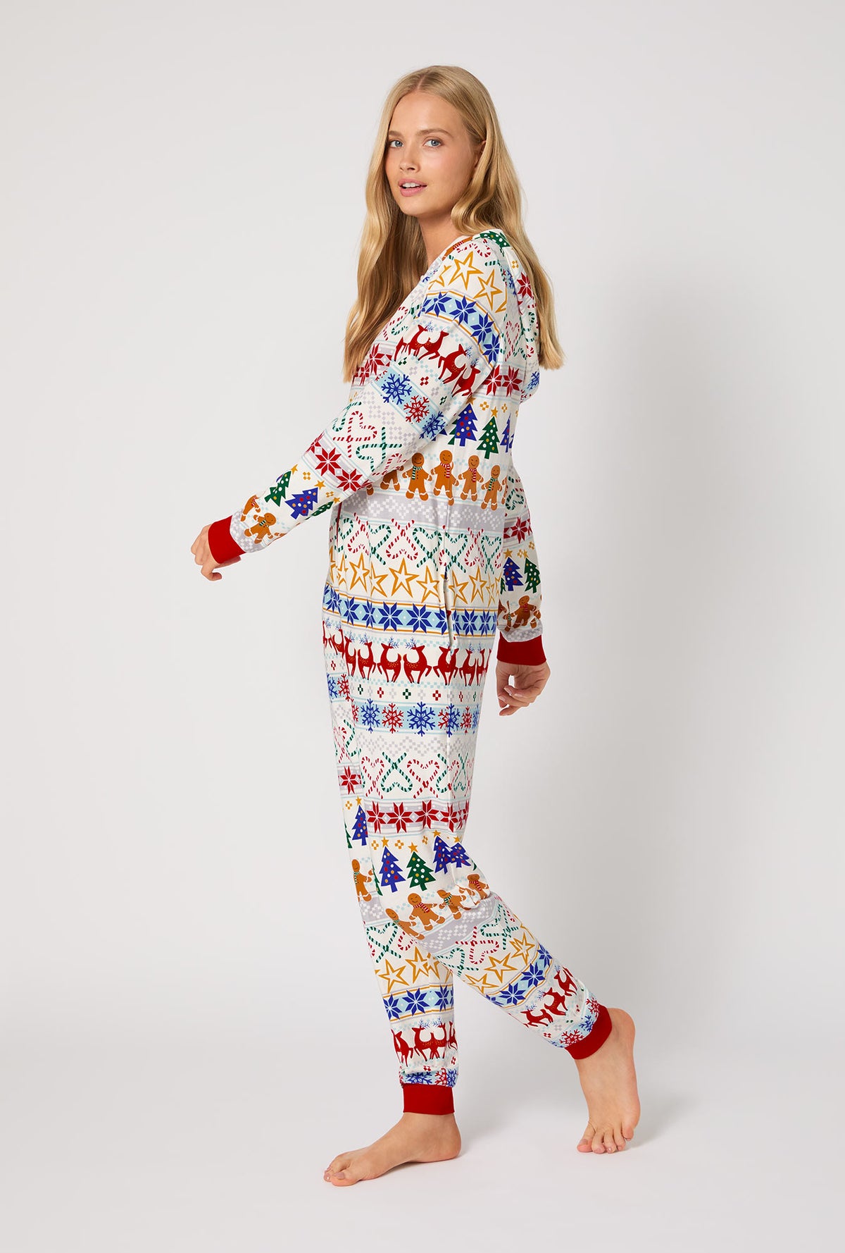 A lady wearing Deck The Halls Long Sleeve Stretch Jersey Unisex Onesie