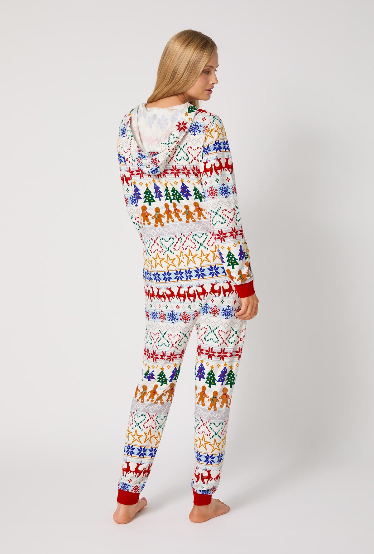 A lady wearing Deck The Halls Long Sleeve Stretch Jersey Unisex Onesie