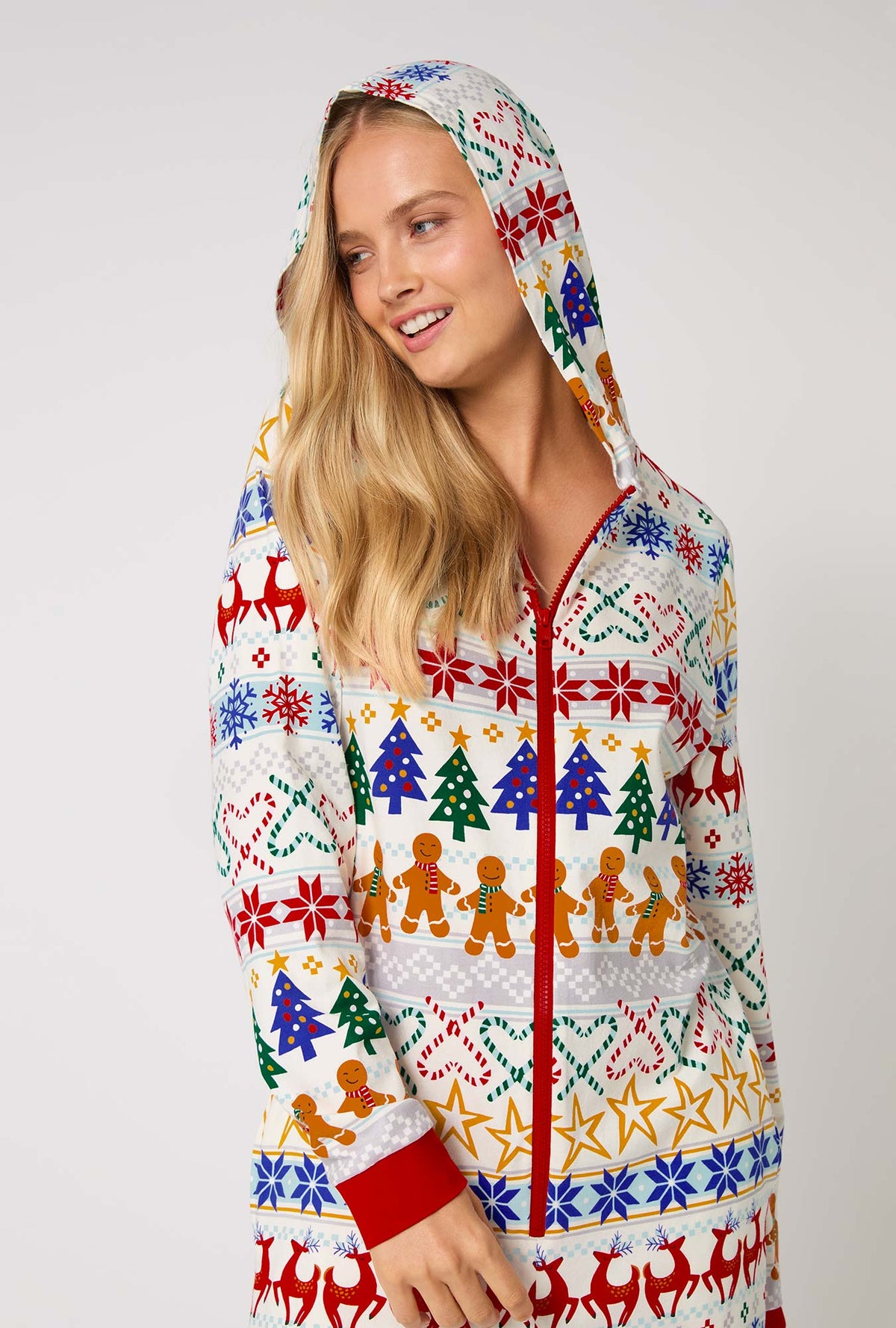 A lady wearing Deck The Halls Long Sleeve Stretch Jersey Unisex Onesie