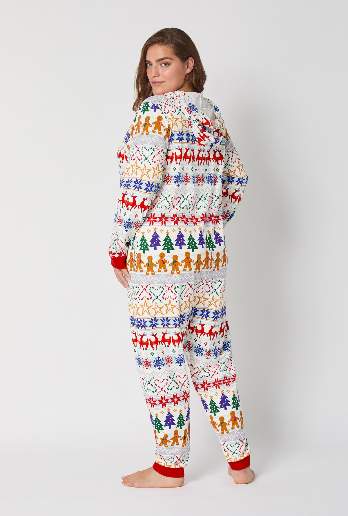 A lady wearing Deck The Halls Long Sleeve Stretch Jersey Unisex Onesie