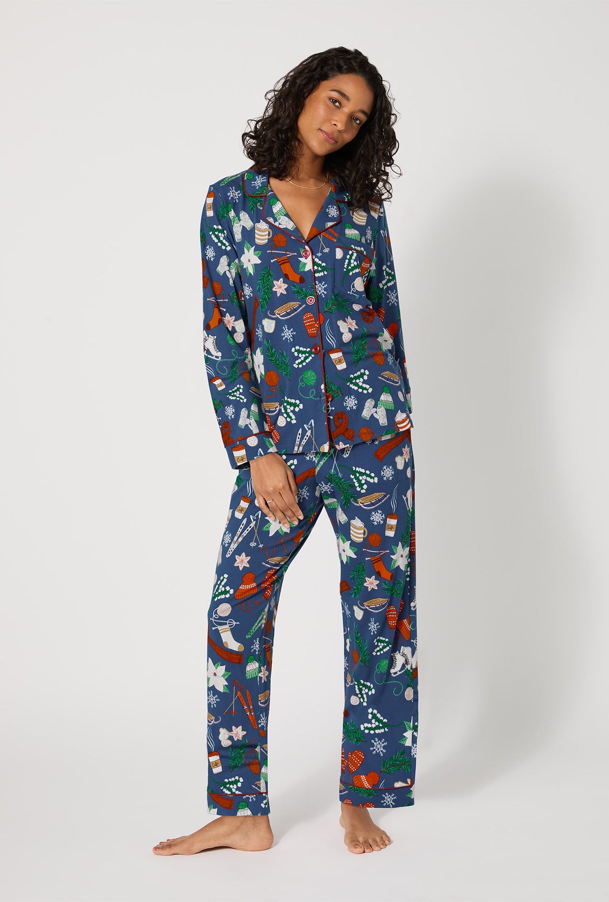 A lady wearing Winter Charm Long Sleeve Classic Stretch Jersey Pj Set