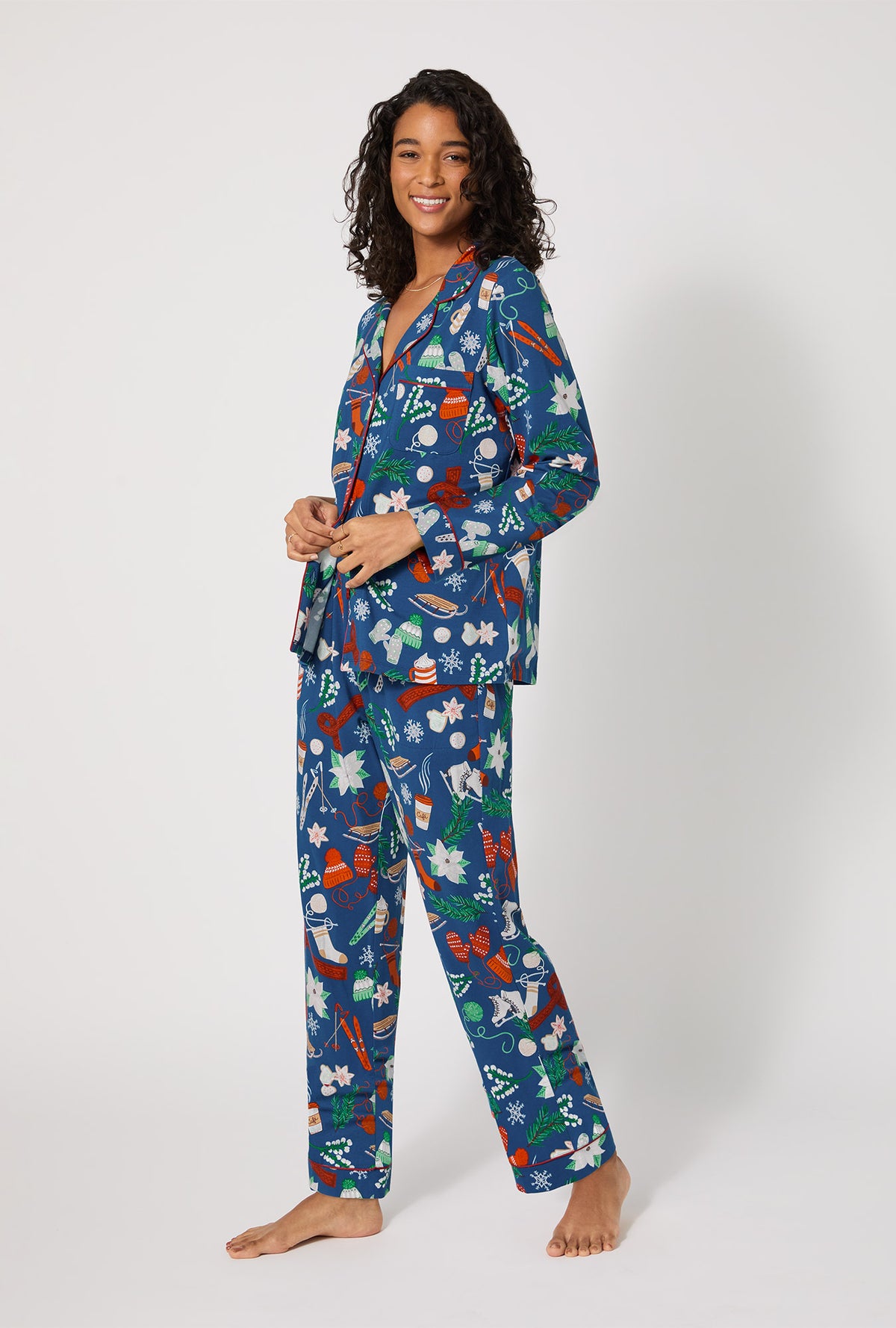 A lady wearing Winter Charm Long Sleeve Classic Stretch Jersey Pj Set