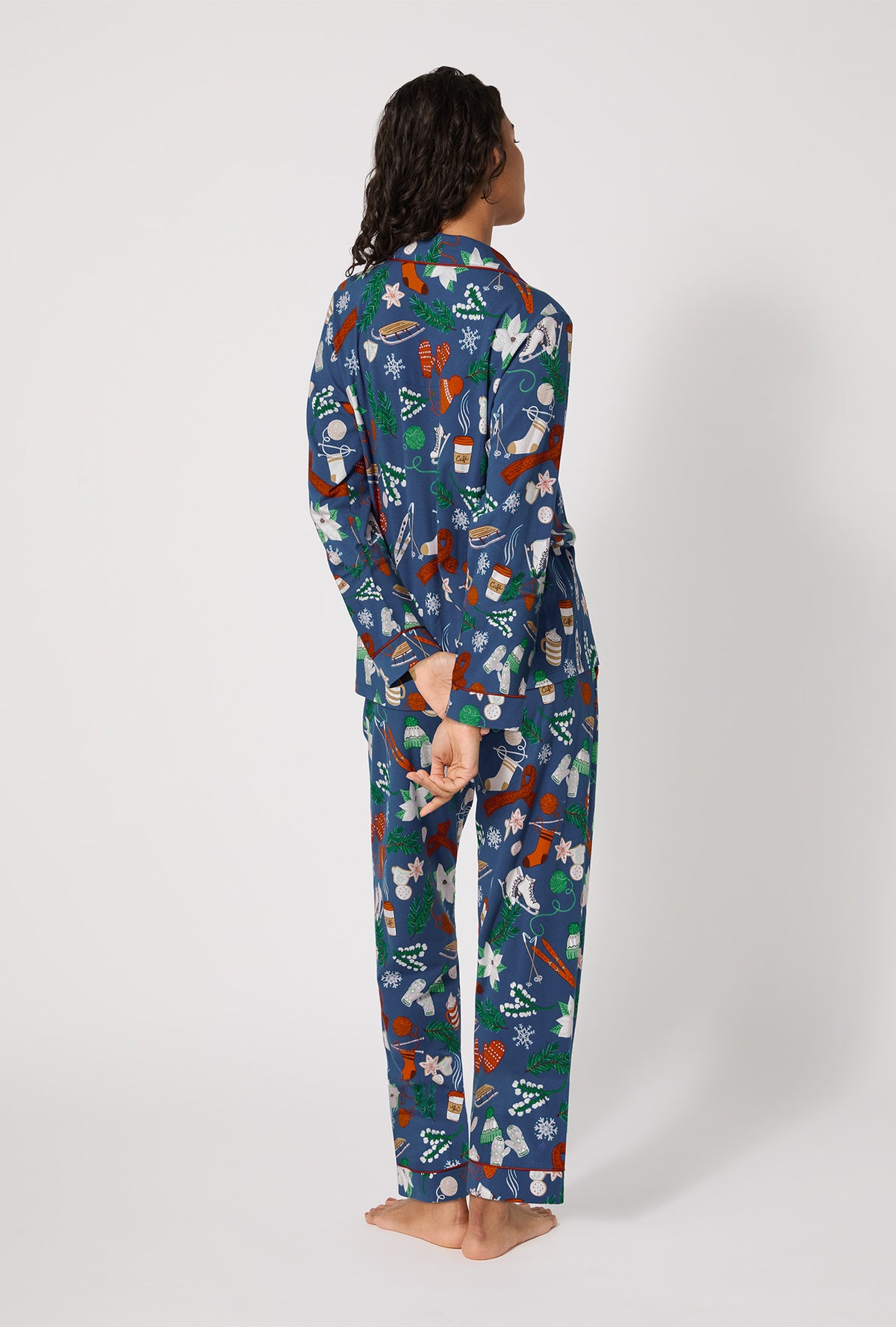 A lady wearing Winter Charm Long Sleeve Classic Stretch Jersey Pj Set