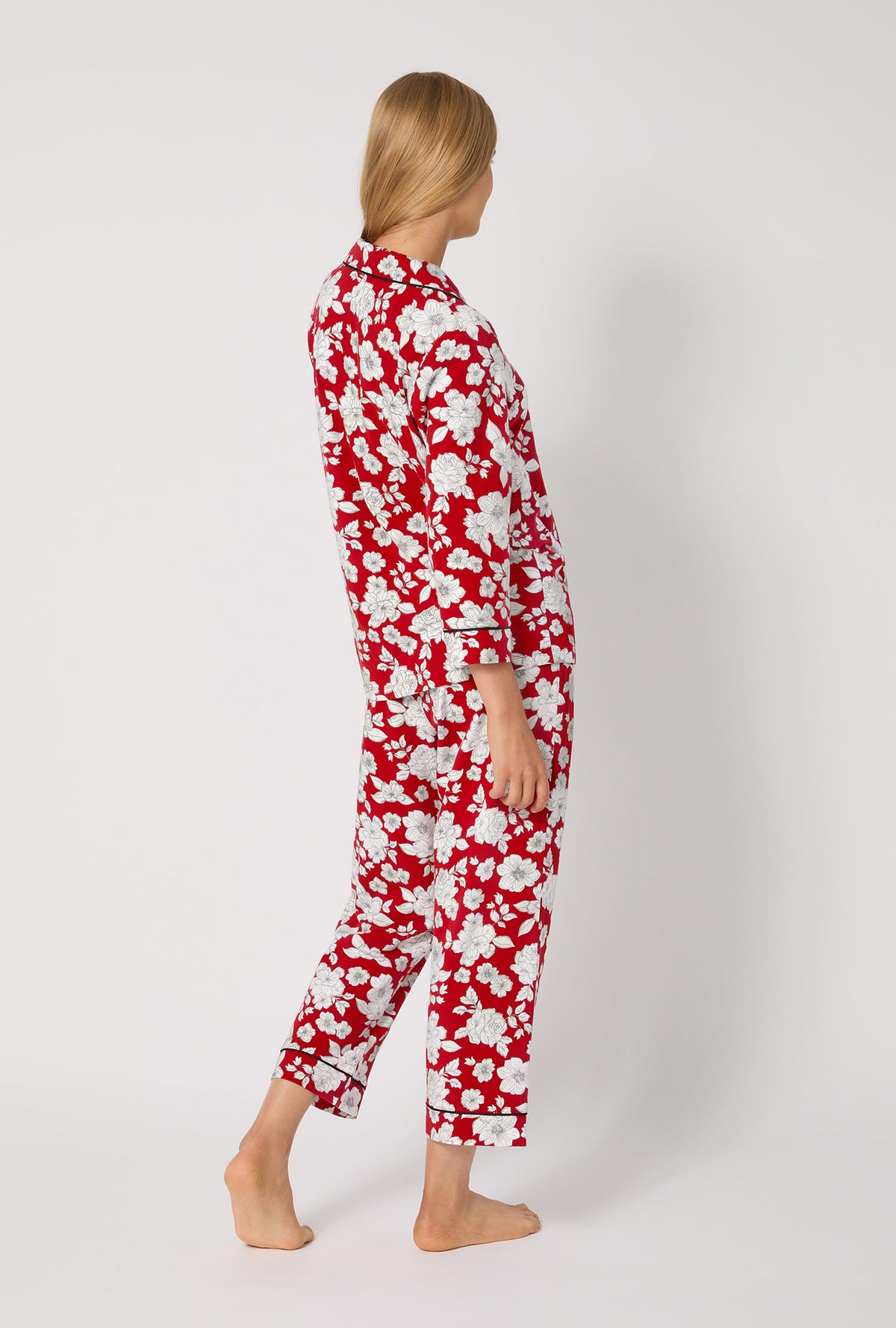 A lady wearing Floral Charm 3/4 Sleeve Classic Stretch Jersey Cropped Pj Set