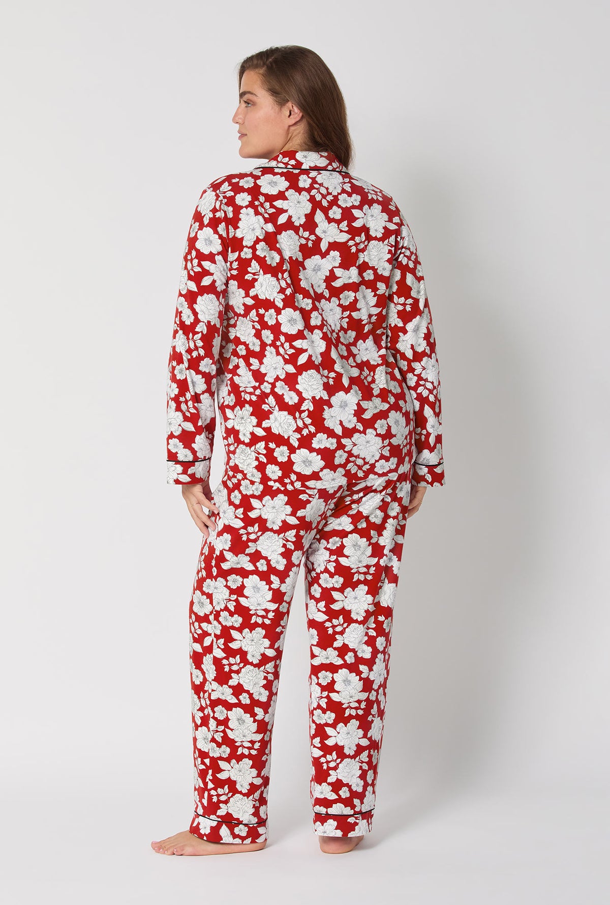 A lady wearing Floral Charm Long Sleeve Classic Stretch Jersey Pj Set