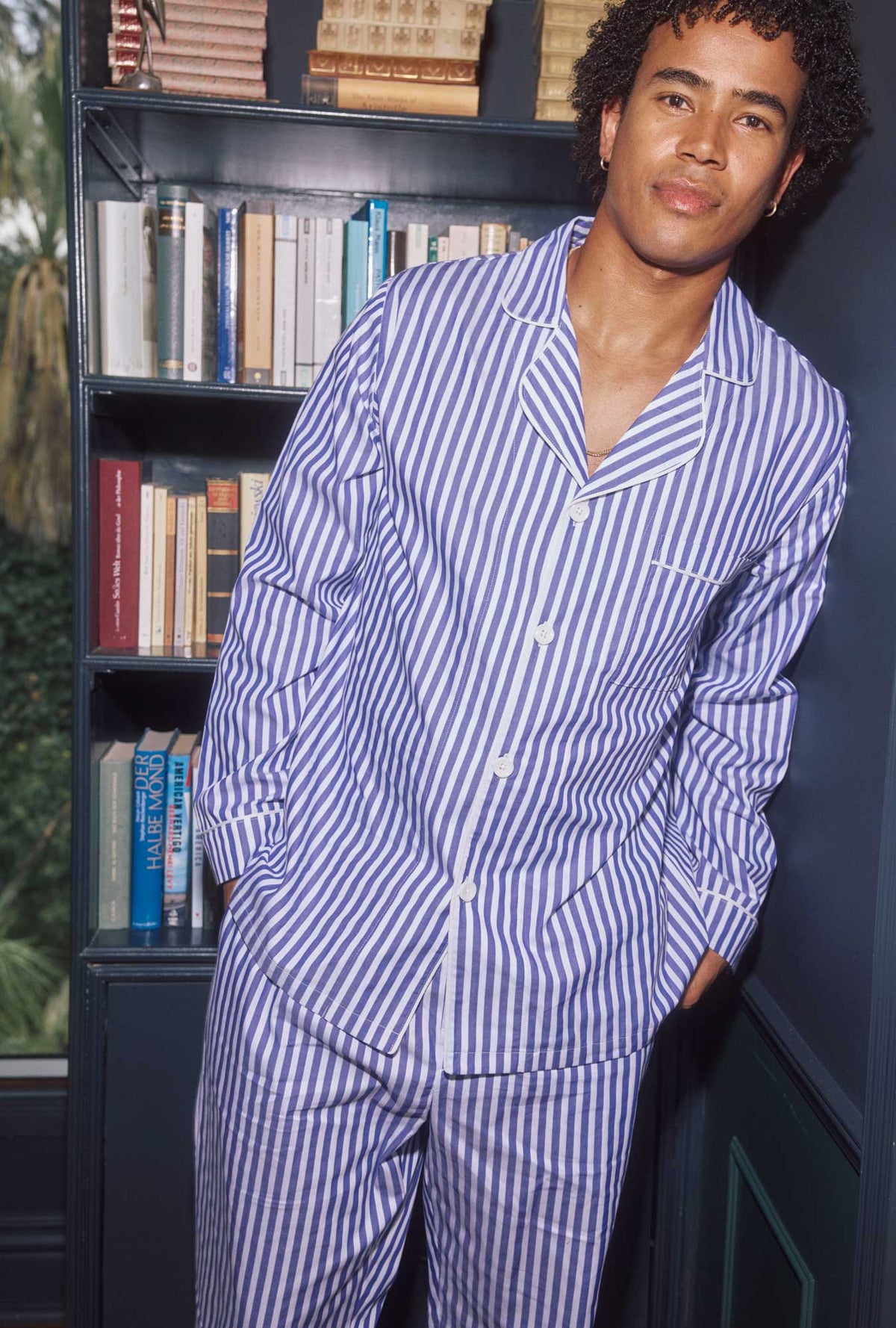Navy 3D Stripe Men&#39;s Long Sleeve Notch Woven Cotton Sateen Long PJ Set